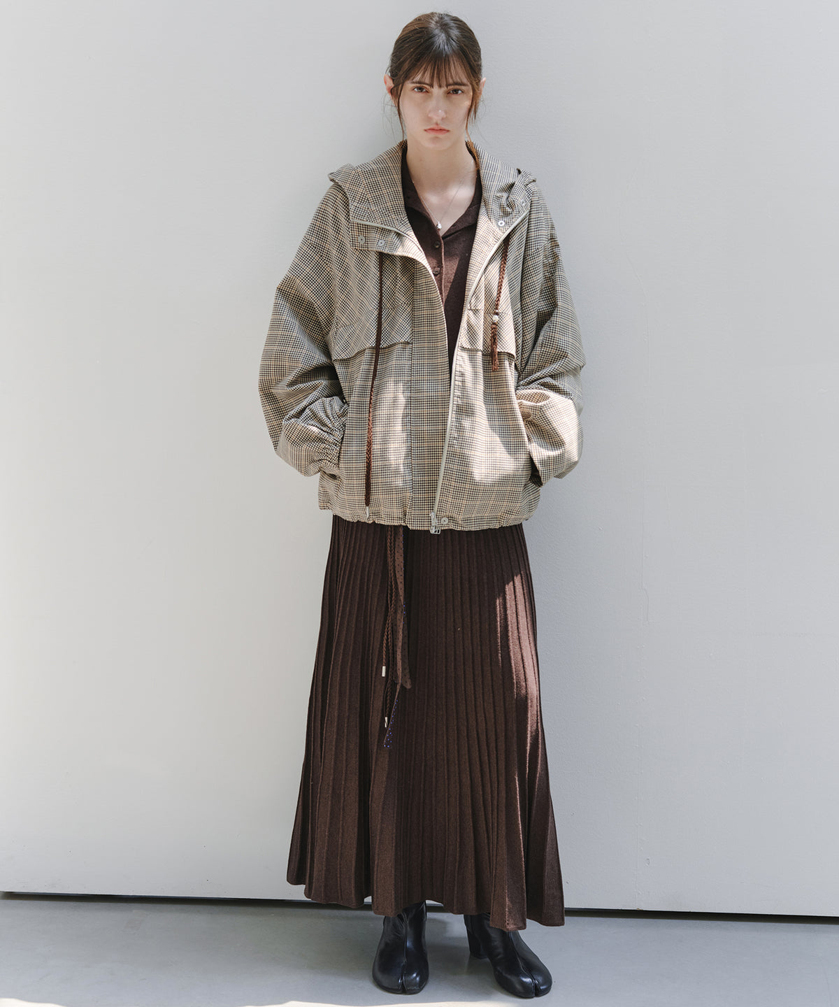 「10月下旬出荷予定」Checked Drawstring Hooded Short Jacket