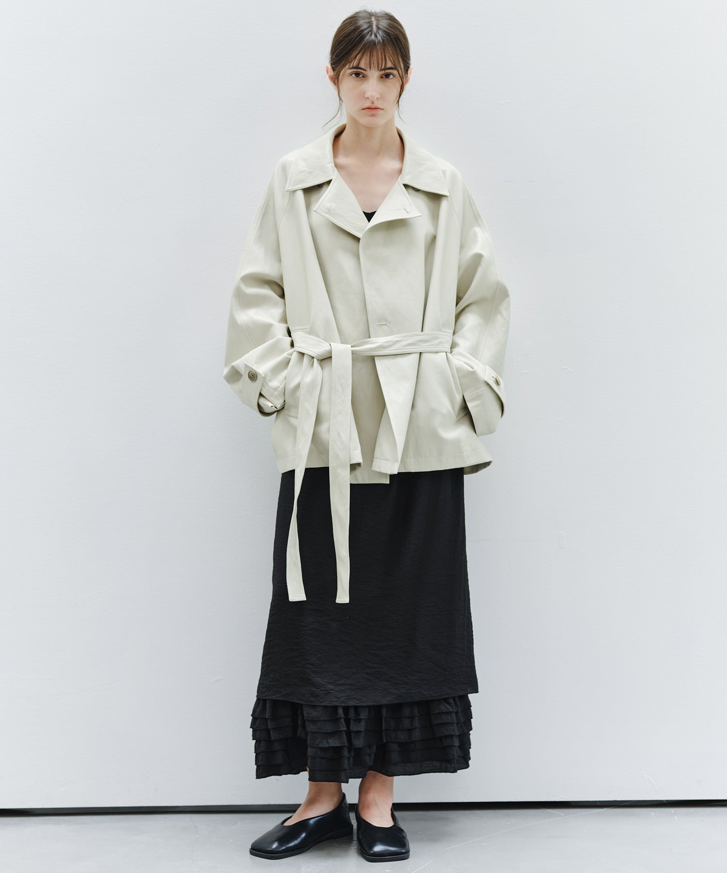 「9月下旬出荷予定」Belted Faux Leather Short Trench Jacket
