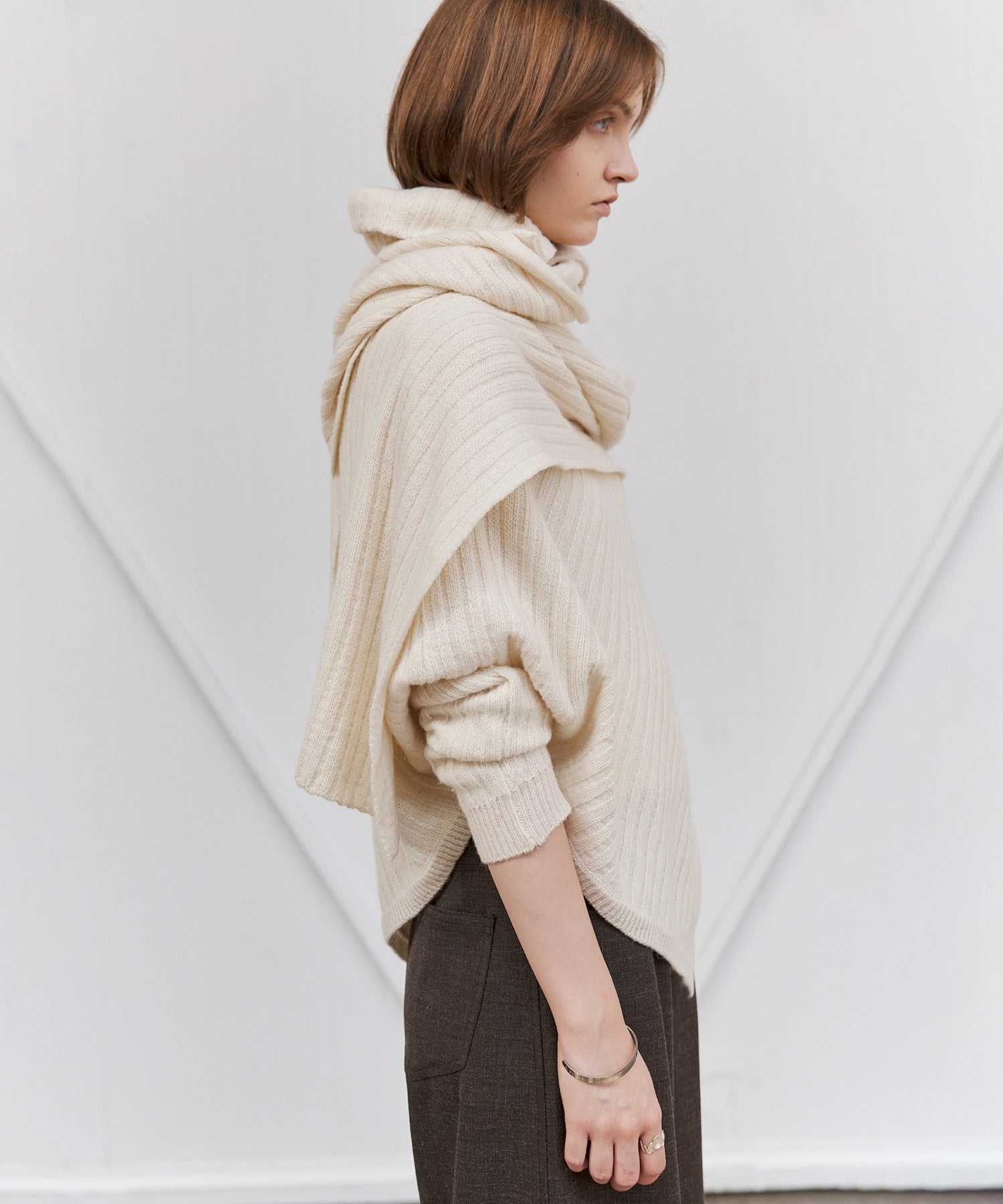 Asymmetric High-Neck Textured Knit Poncho Scarf