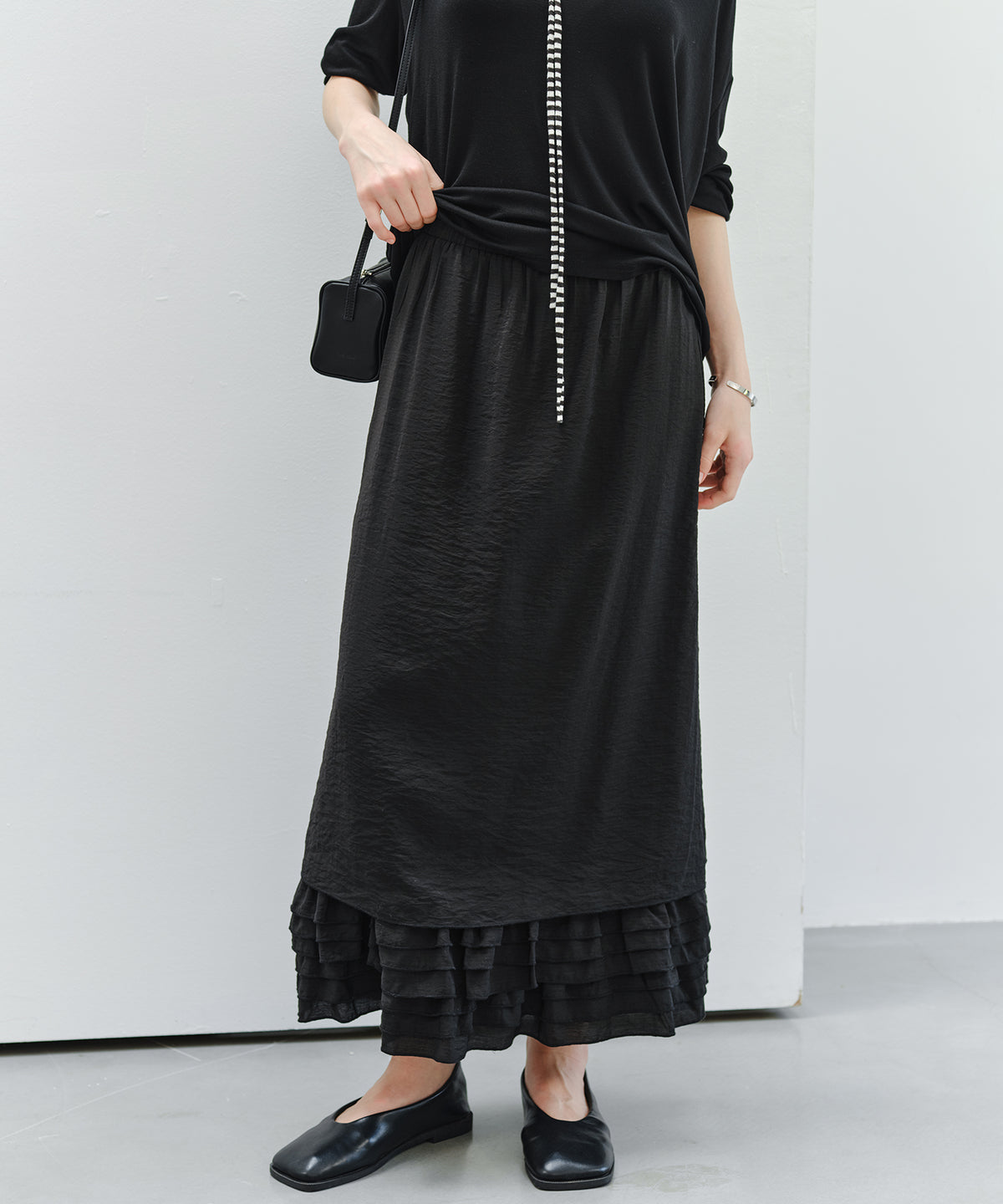 「9月下旬出荷予定」Layered Frill Hem Easy Long Skirt