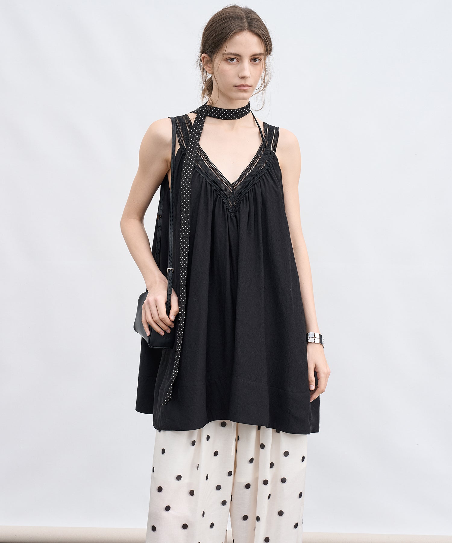 Lace V-Neck Gathered Flare Cami Top