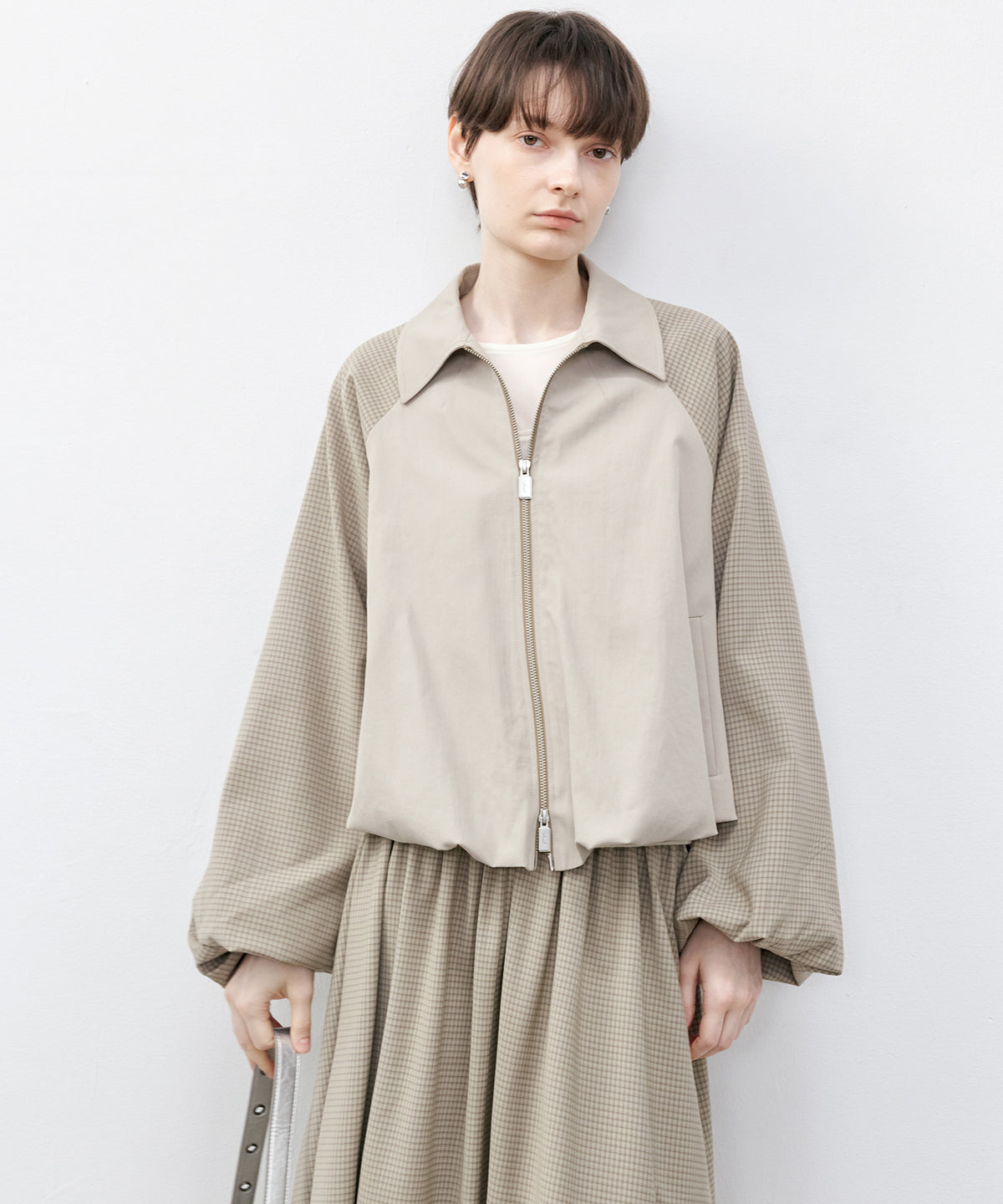 Check Panel Balloon Sleeve Short Blouson