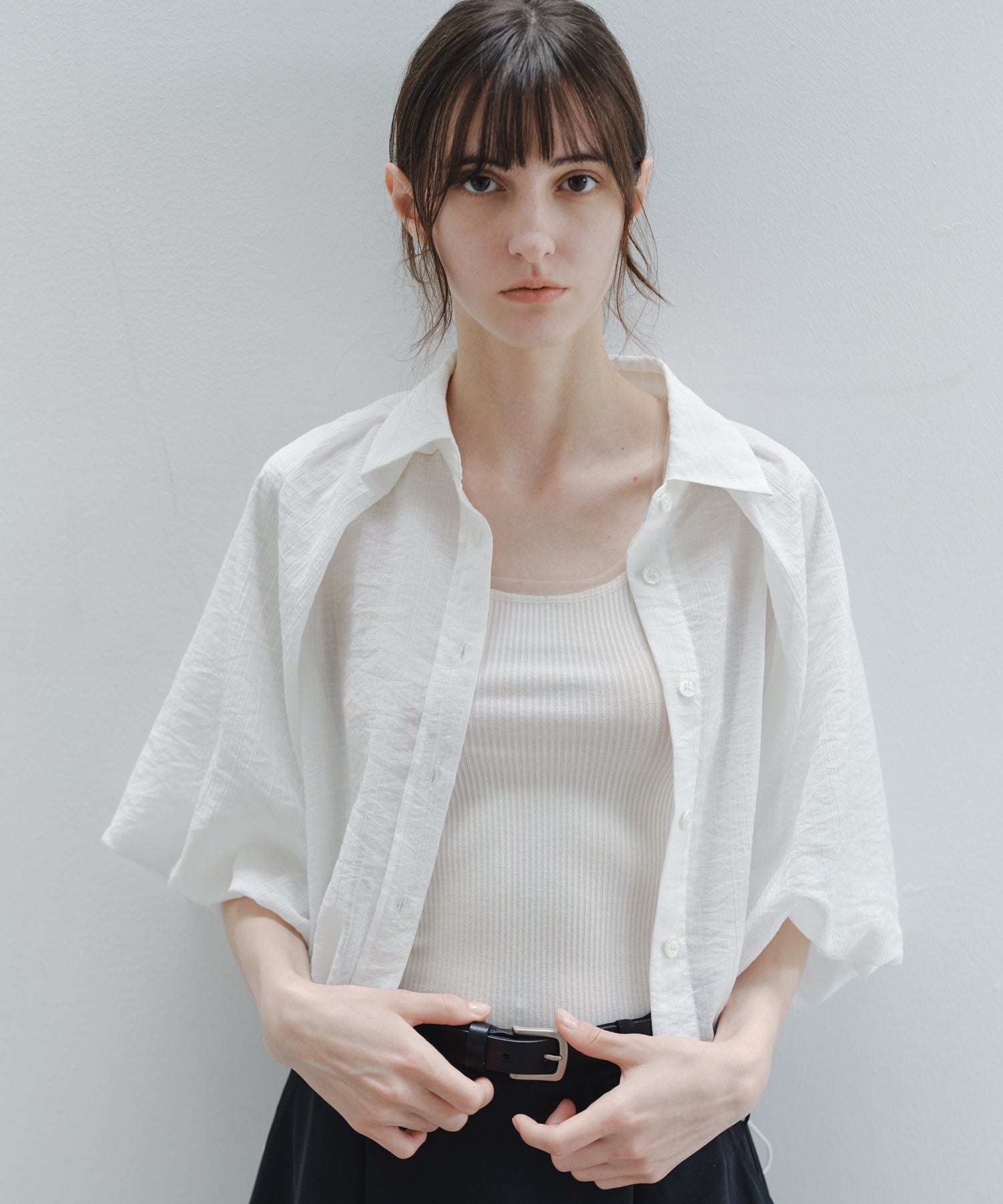 「7月上旬～中旬出荷」Sheer Stripe Balloon Sleeve Cropped Shirt