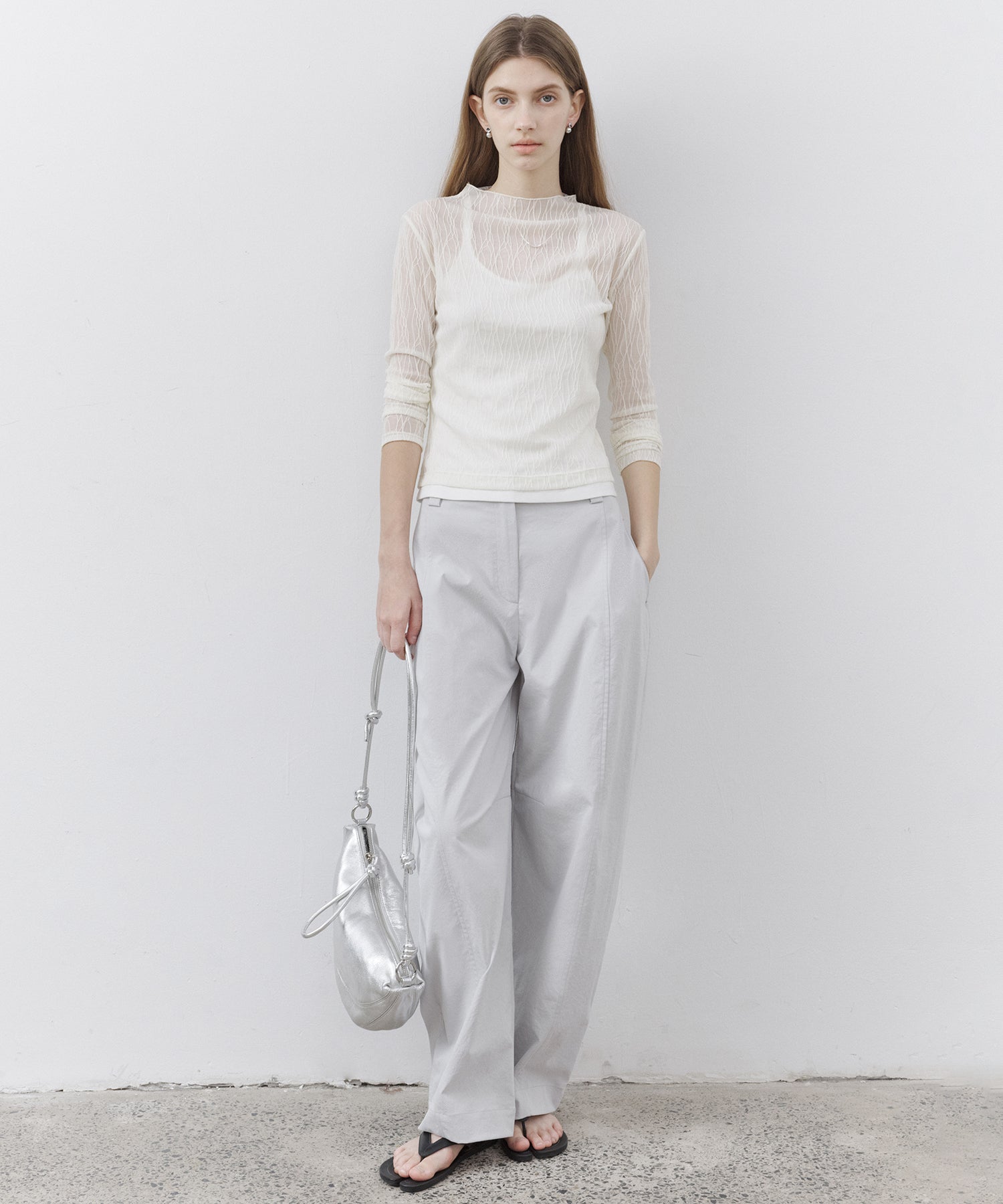 Sheer Jacquard High-Neck Long Sleeve Top