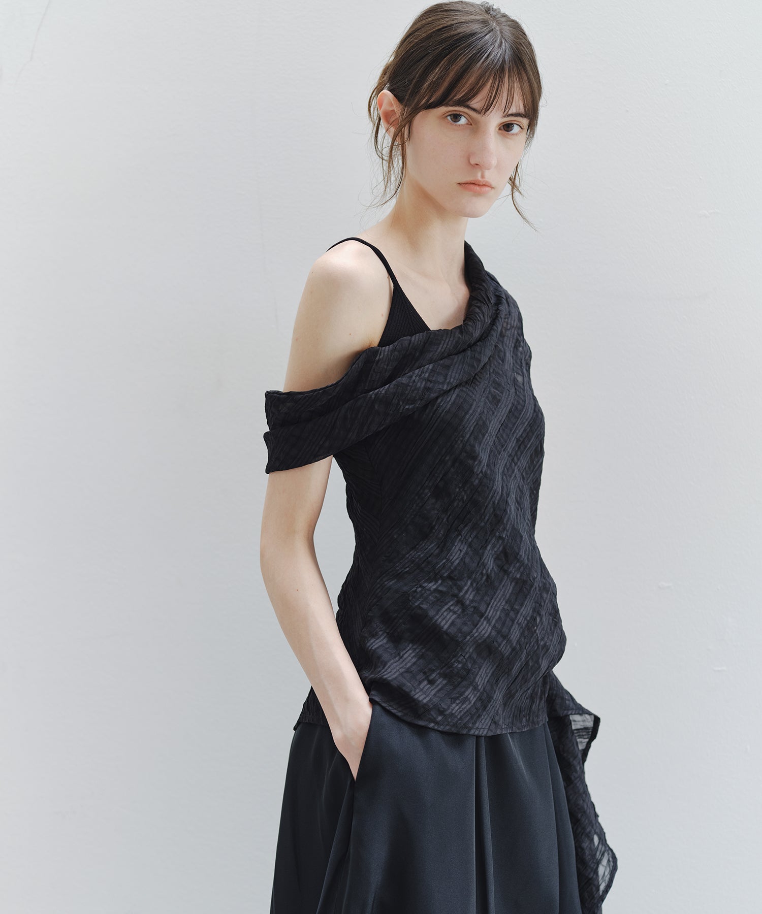 Sheer Check One-Shoulder Top