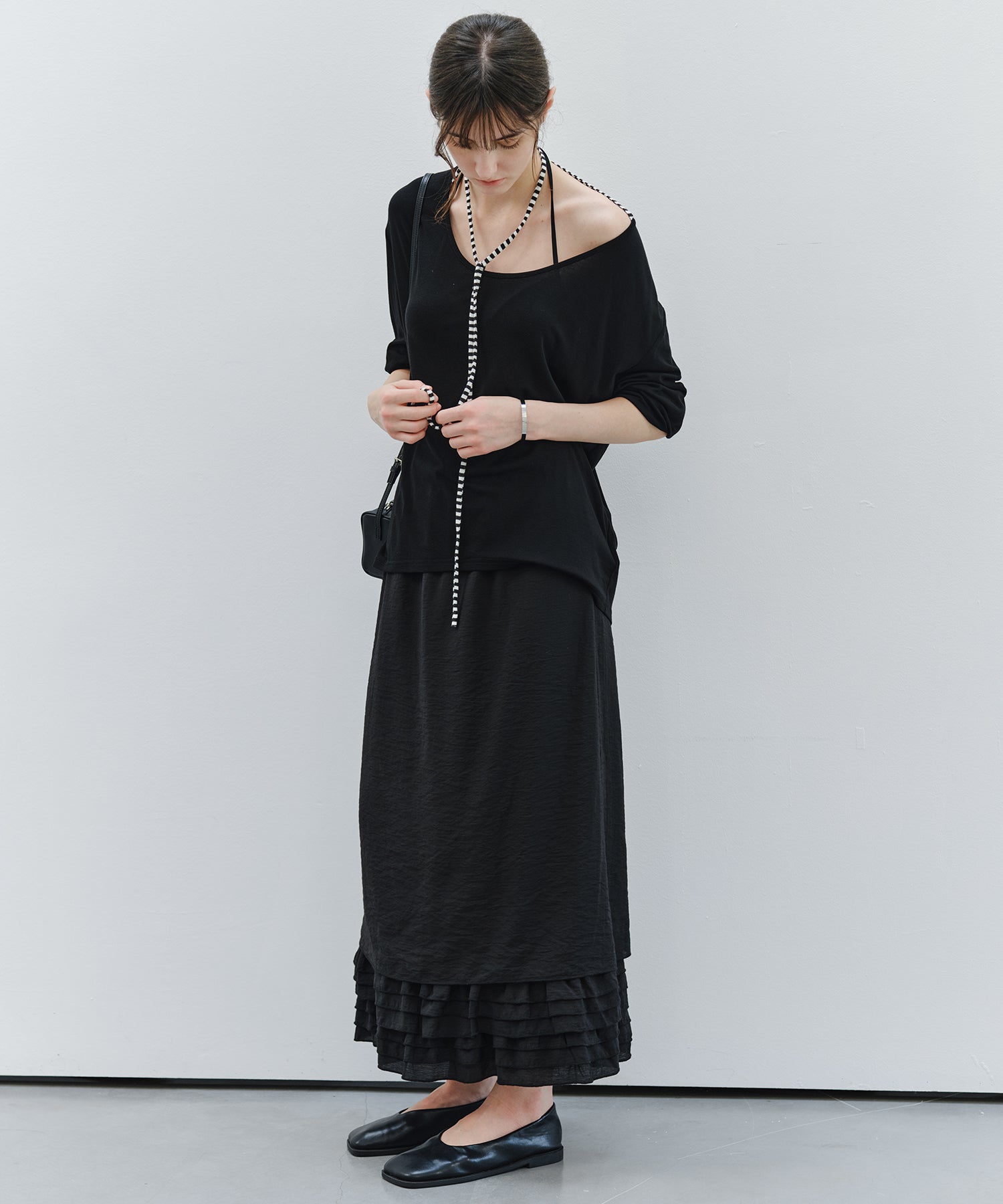 「9月下旬出荷予定」Striped Cord U-Neck Draped Top