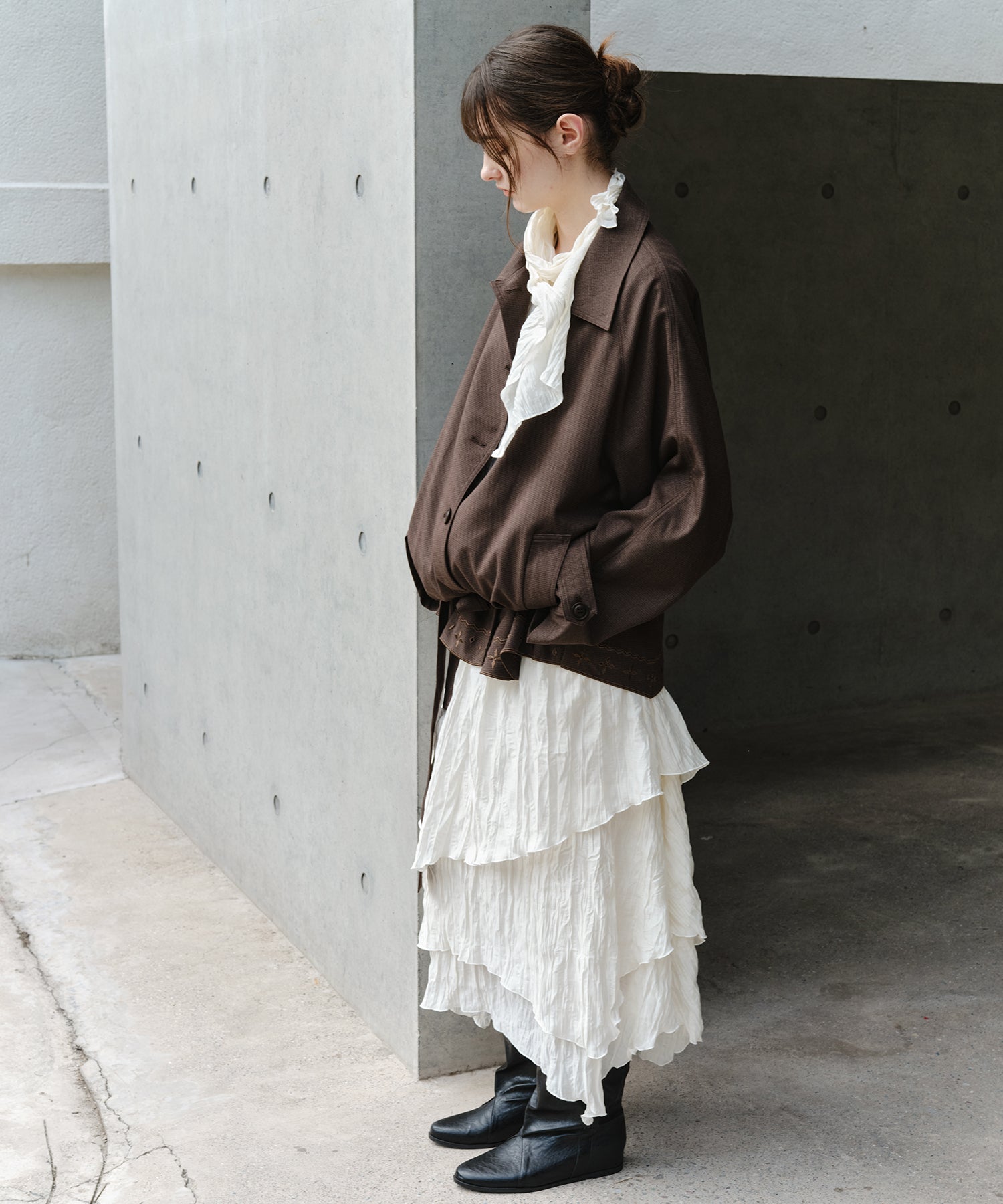 「9月下旬出荷予定」Washed Texture Scarf Collar Layered Dress