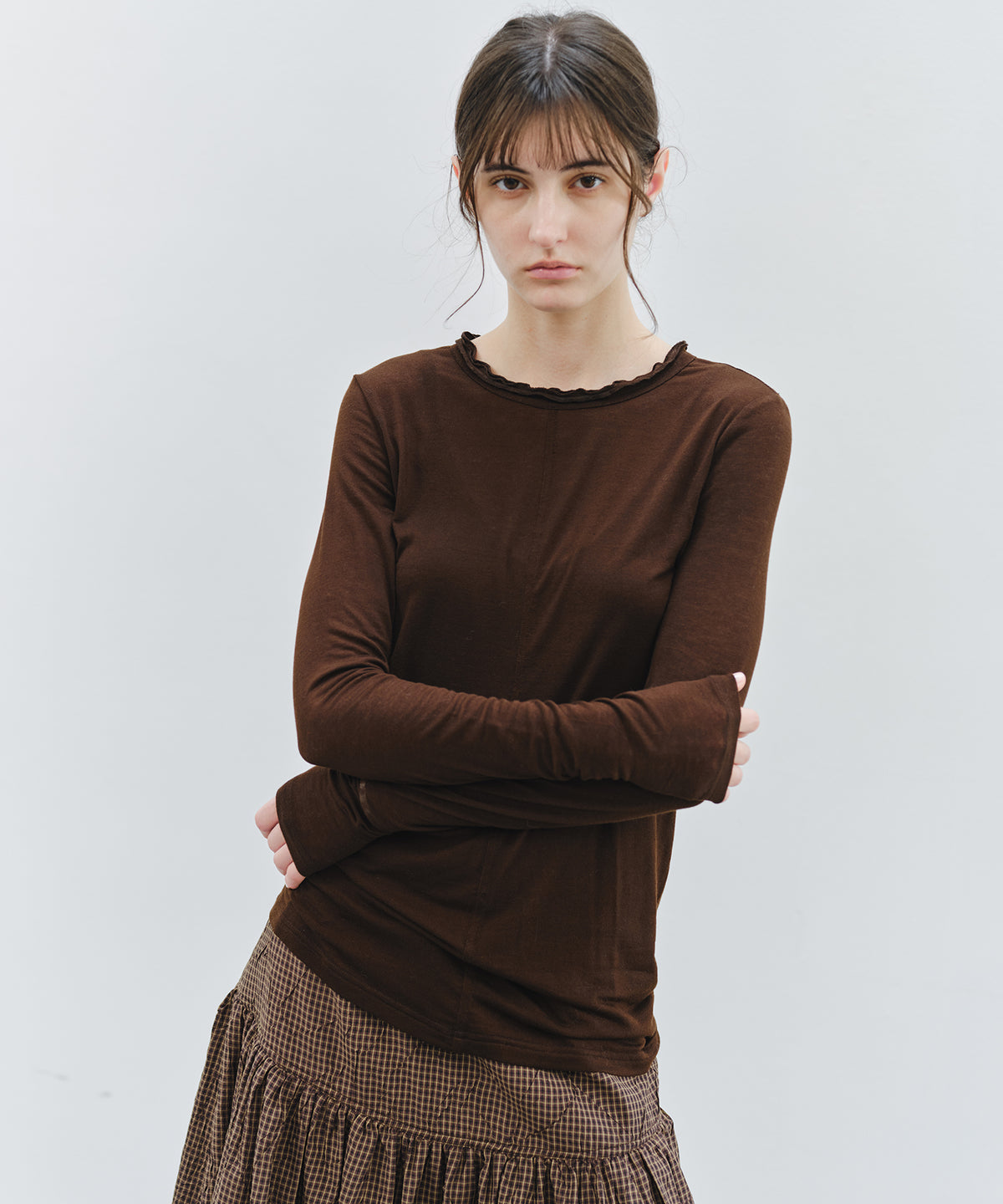 「10月下旬出荷予定」Cashmere-Blend Sheer Mellow Neck Long Sleeve Top