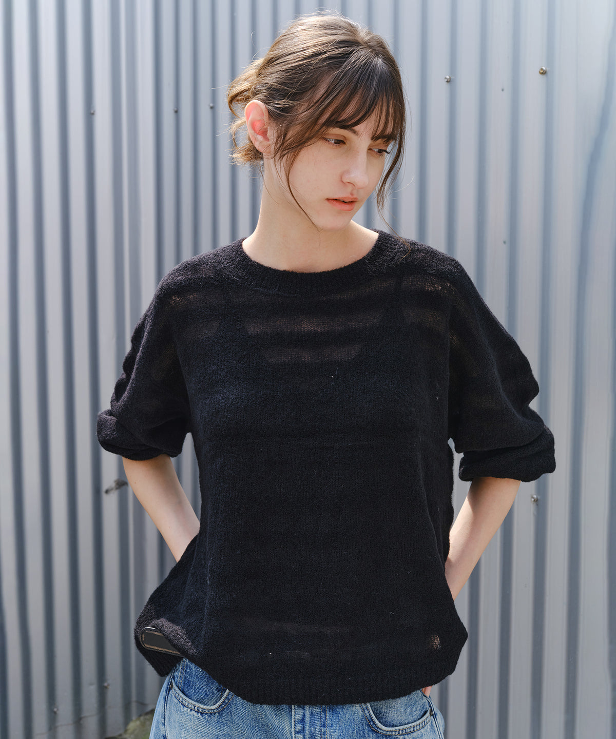 「10月下旬出荷予定」Sheer Wool-Blend Border Knit Pullover