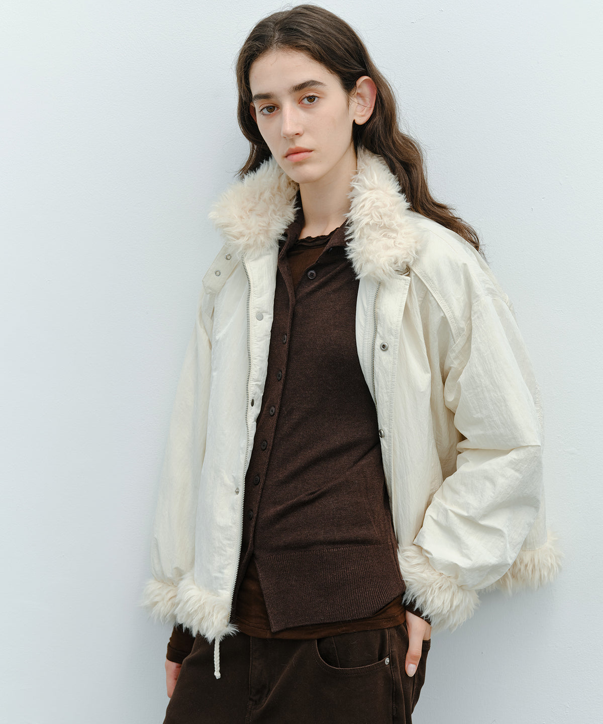 「10月下旬出荷予定」Faux Fur Trim Stand Collar Short Down Jacket