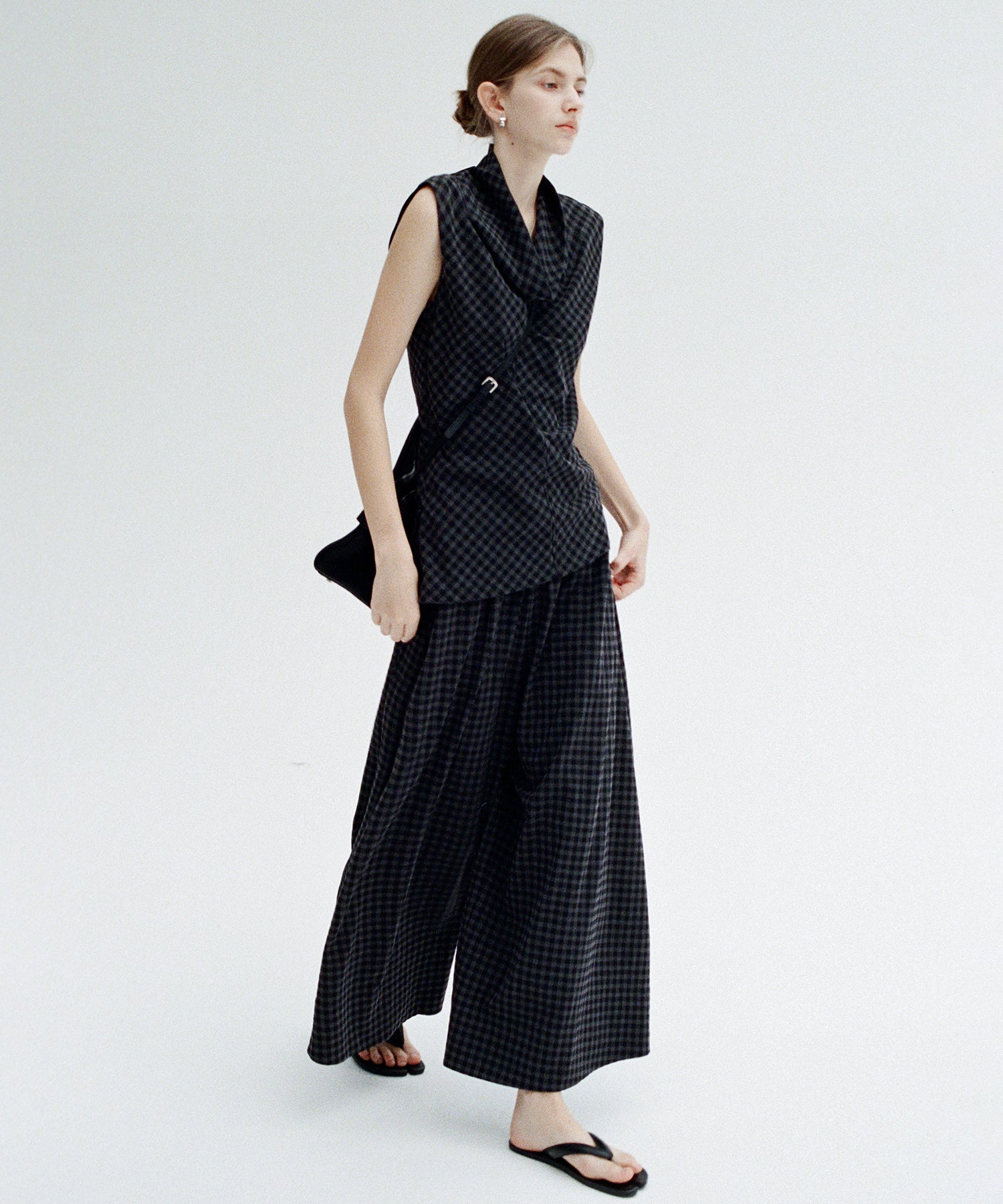 Relaxed Wide Ankle Pants with Subtle Check
