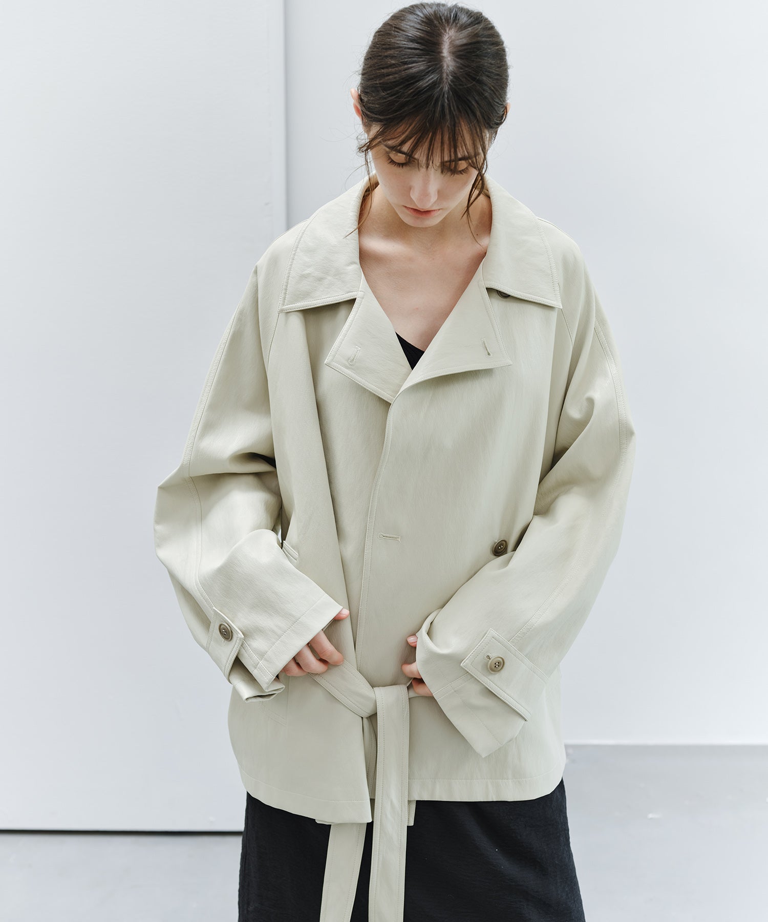 「9月下旬出荷予定」Belted Faux Leather Short Trench Jacket