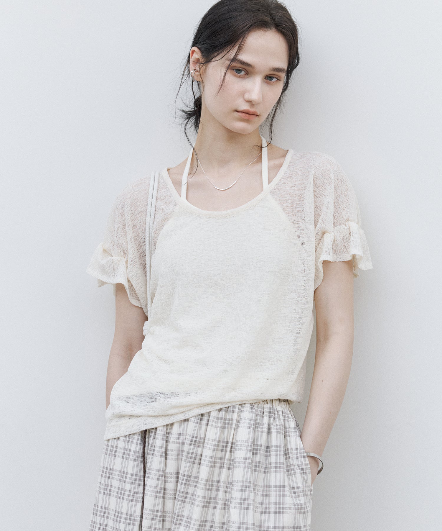 Sheer Gathered Sleeve T-Shirt