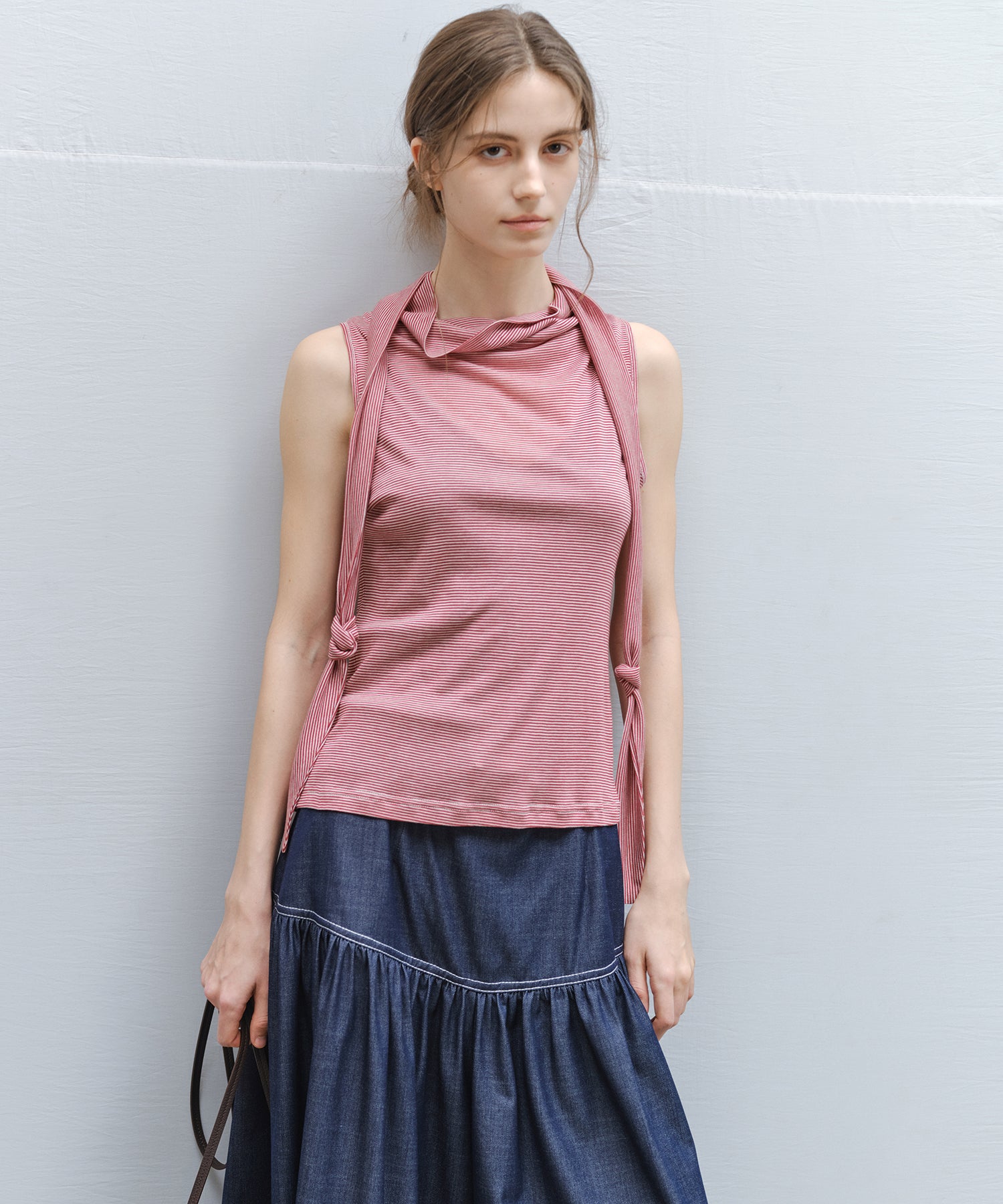 「7月上旬～中旬出荷」Tie Detail Striped Knit Top