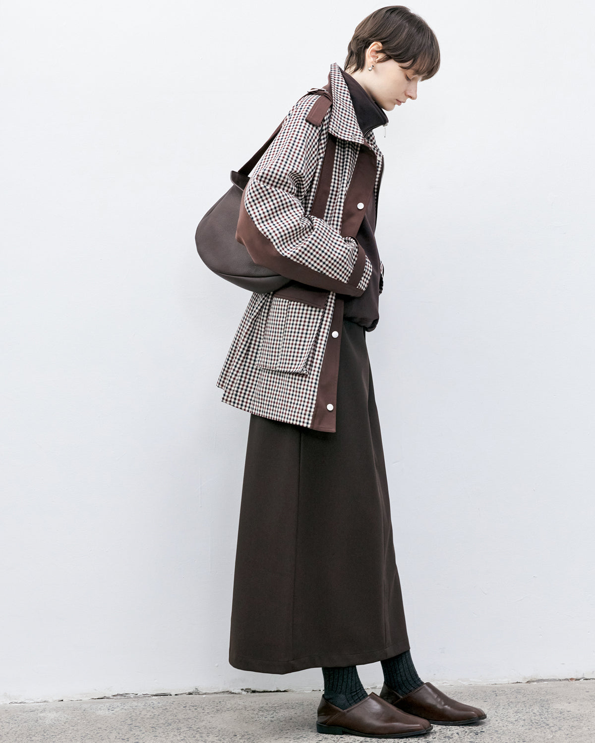 Contrast Panel Checkered Mid-Length Jacket