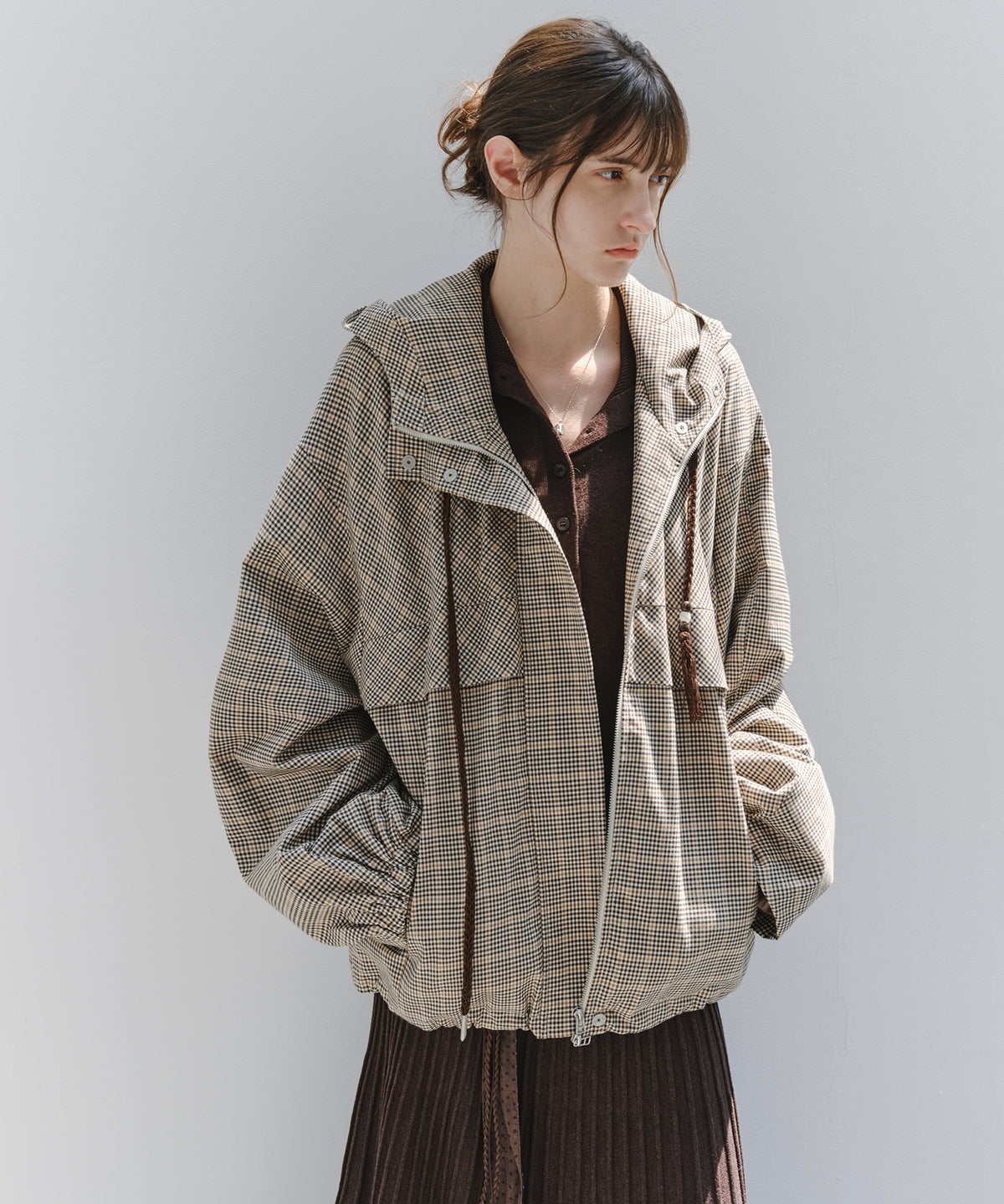 「10月下旬出荷予定」Checked Drawstring Hooded Short Jacket