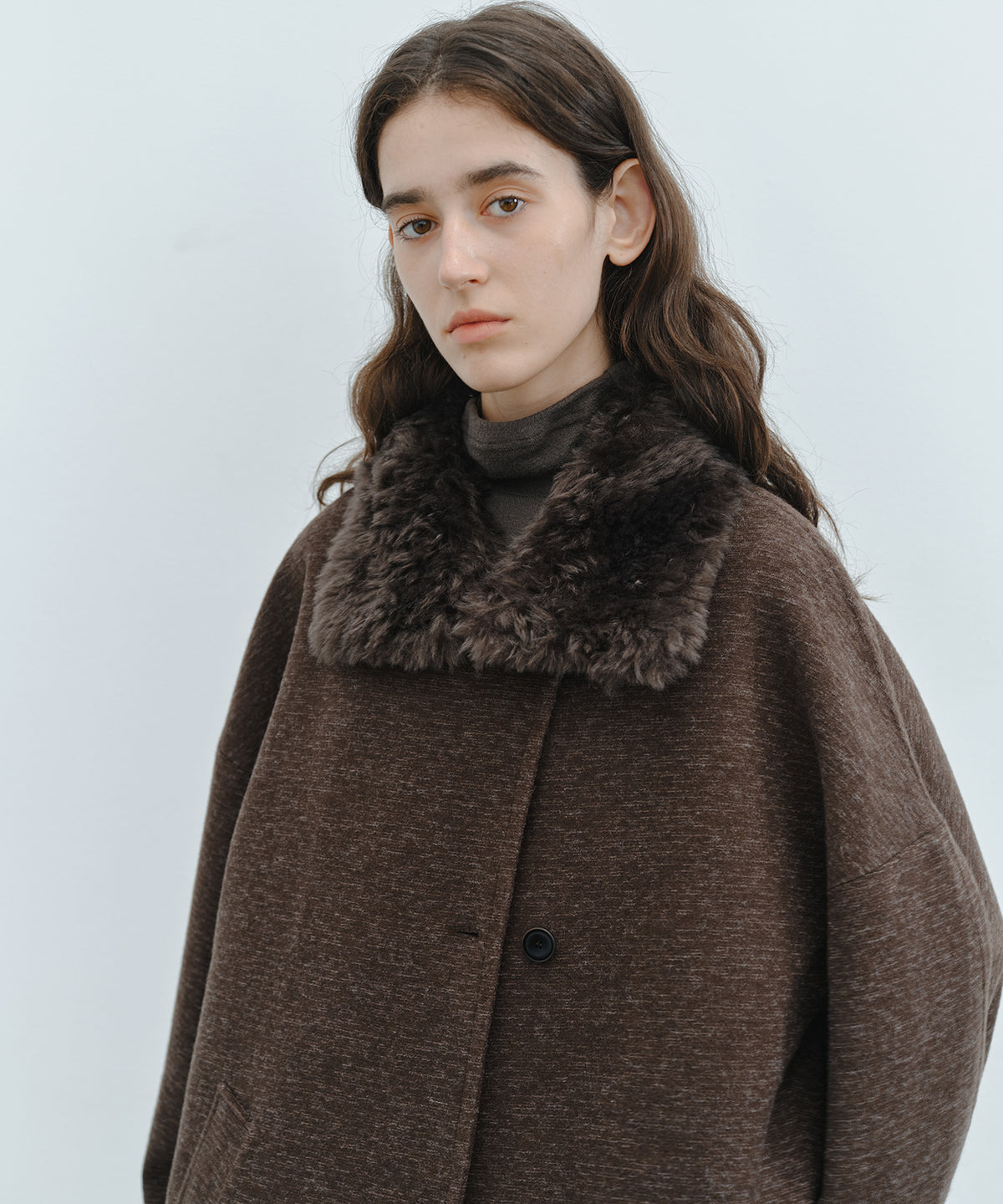 「10月下旬出荷予定」Faux Fur Collar Melange Wool-Like Middle Coat