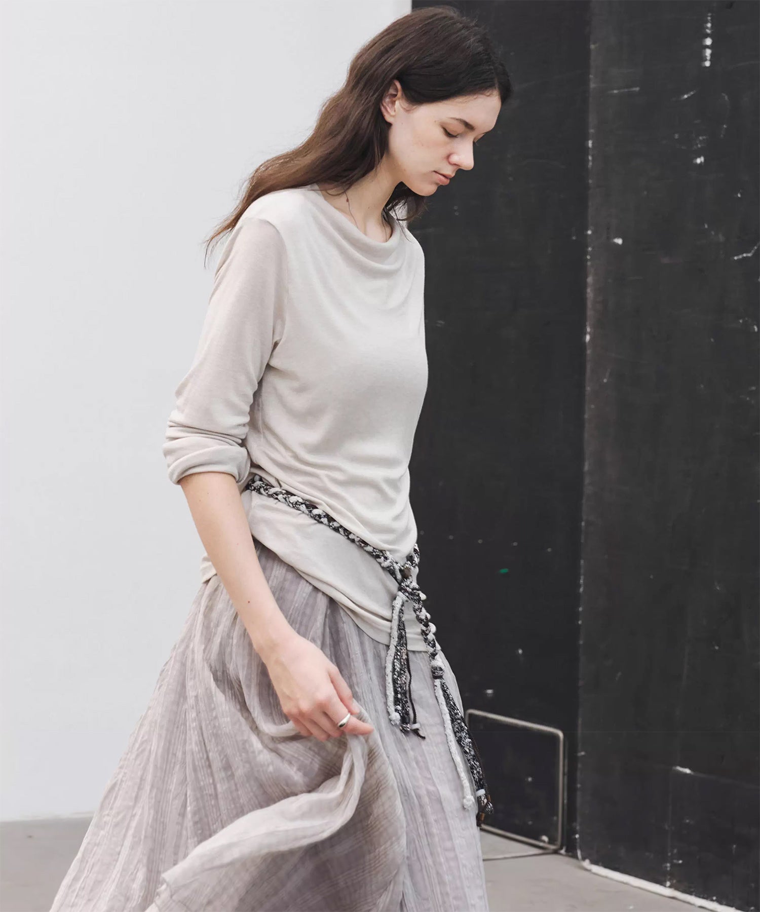 Wool Blend Basic Boat Neck Layering T-Shirt