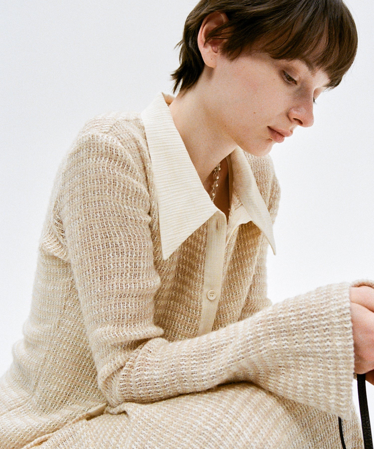 Two-Tone Openwork Knit Shirt Blouse