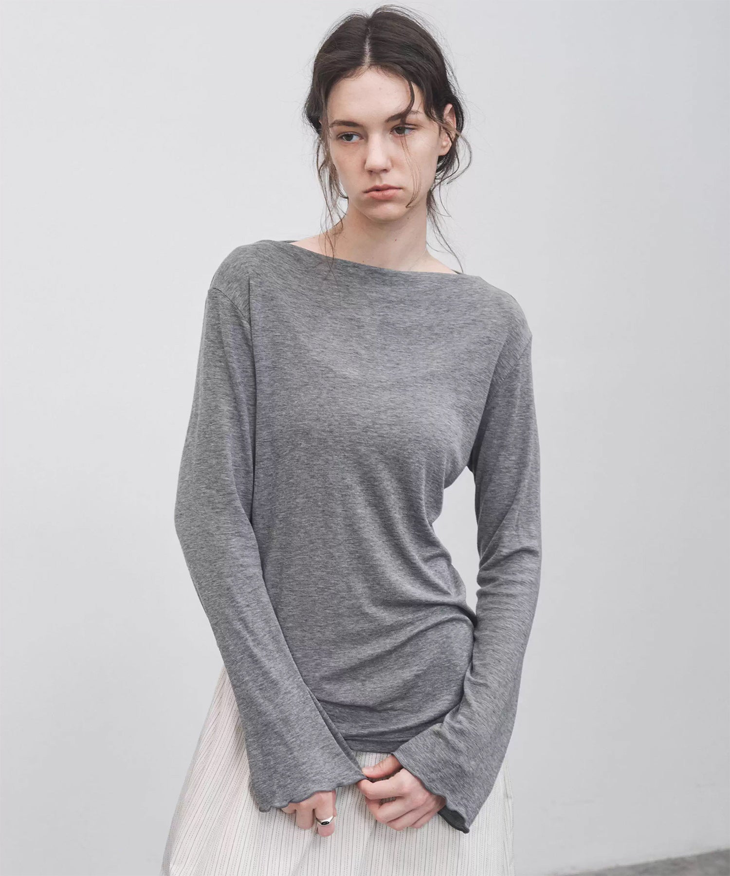 Wool Blend Basic Boat Neck Layering T-Shirt