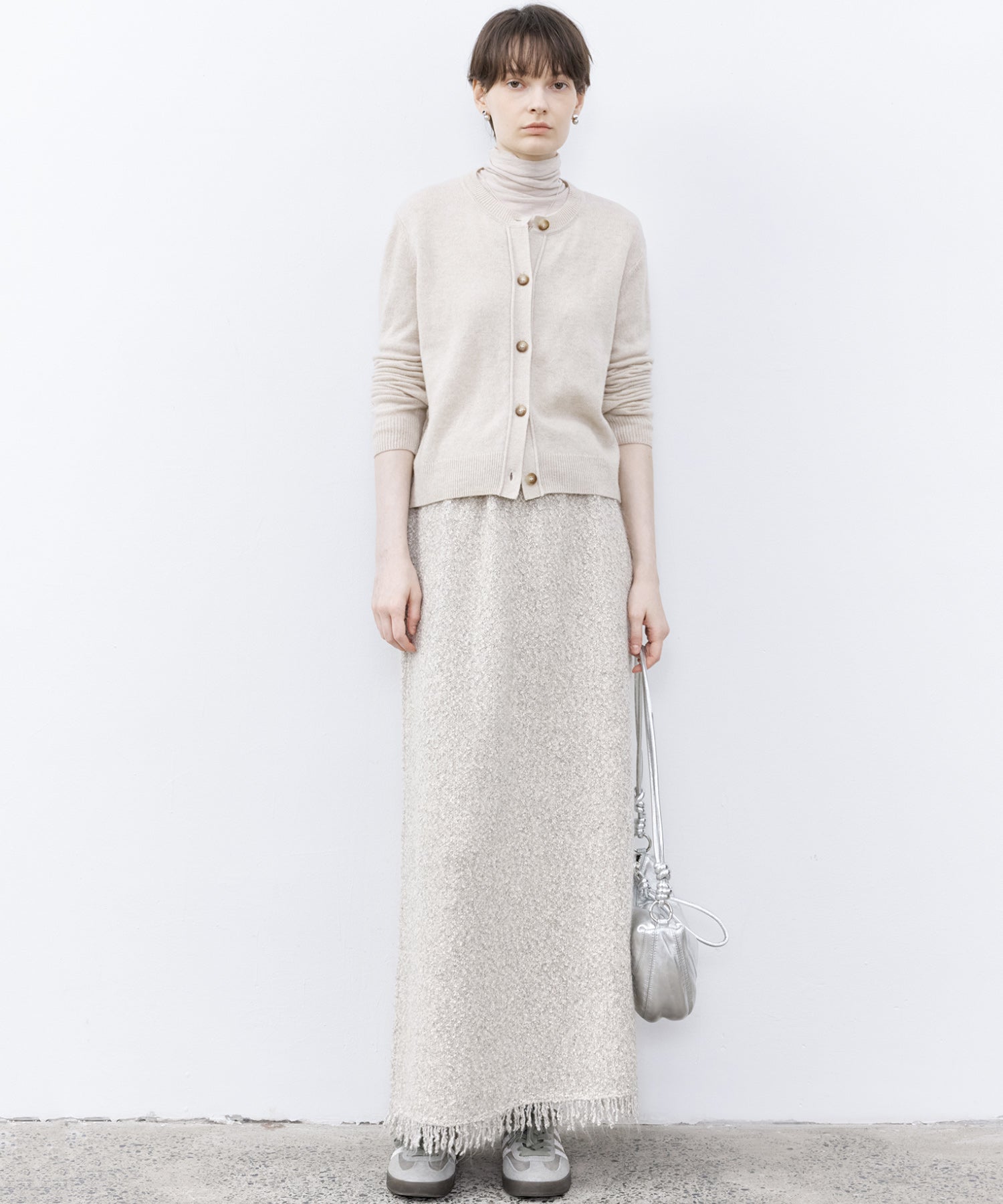 Fringe Accent Textured Knit Skirt – Tweed-Like A-Line