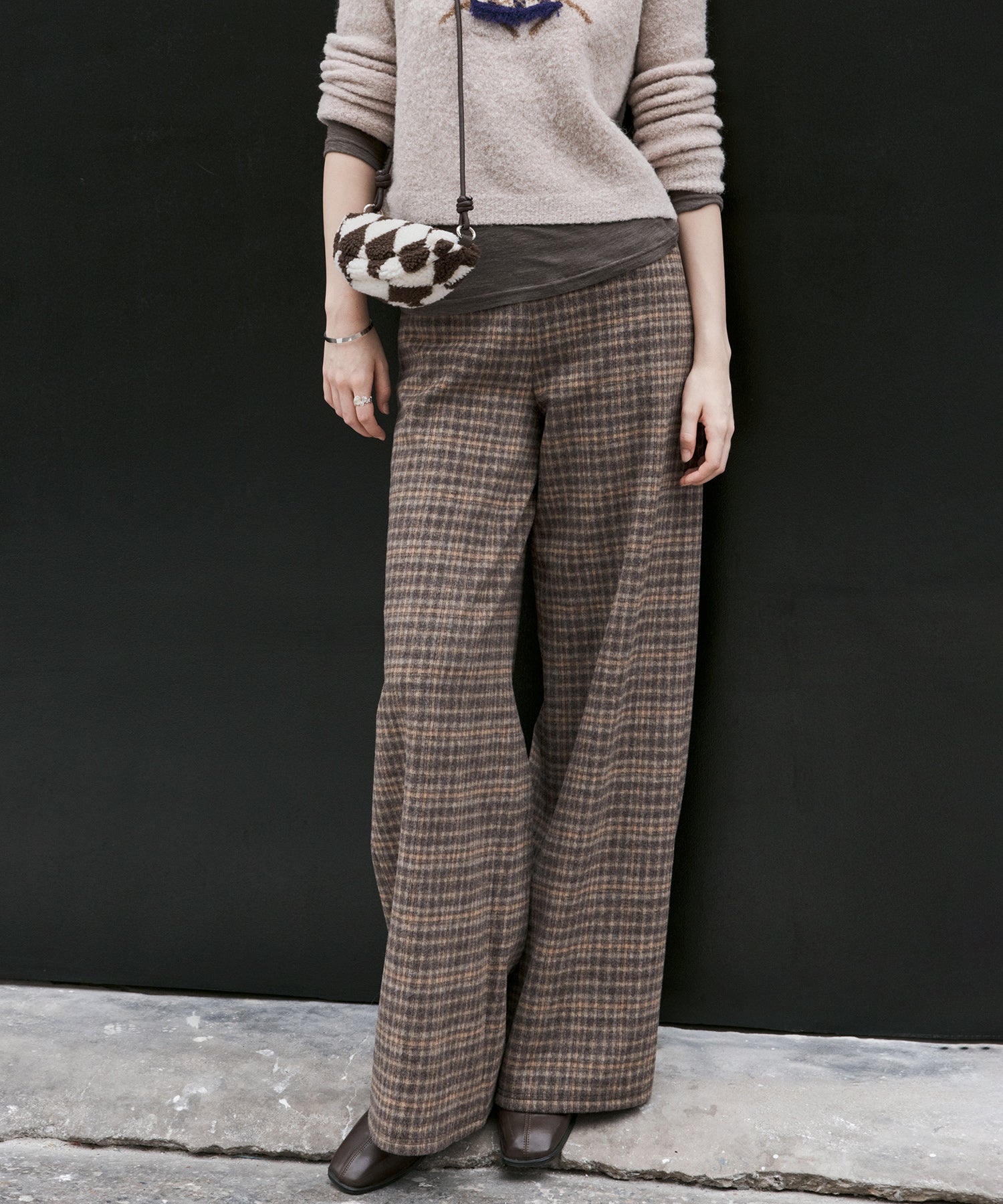 Wool Blend Yarn-Dyed Vintage Check Brushed Wide-Leg Pants