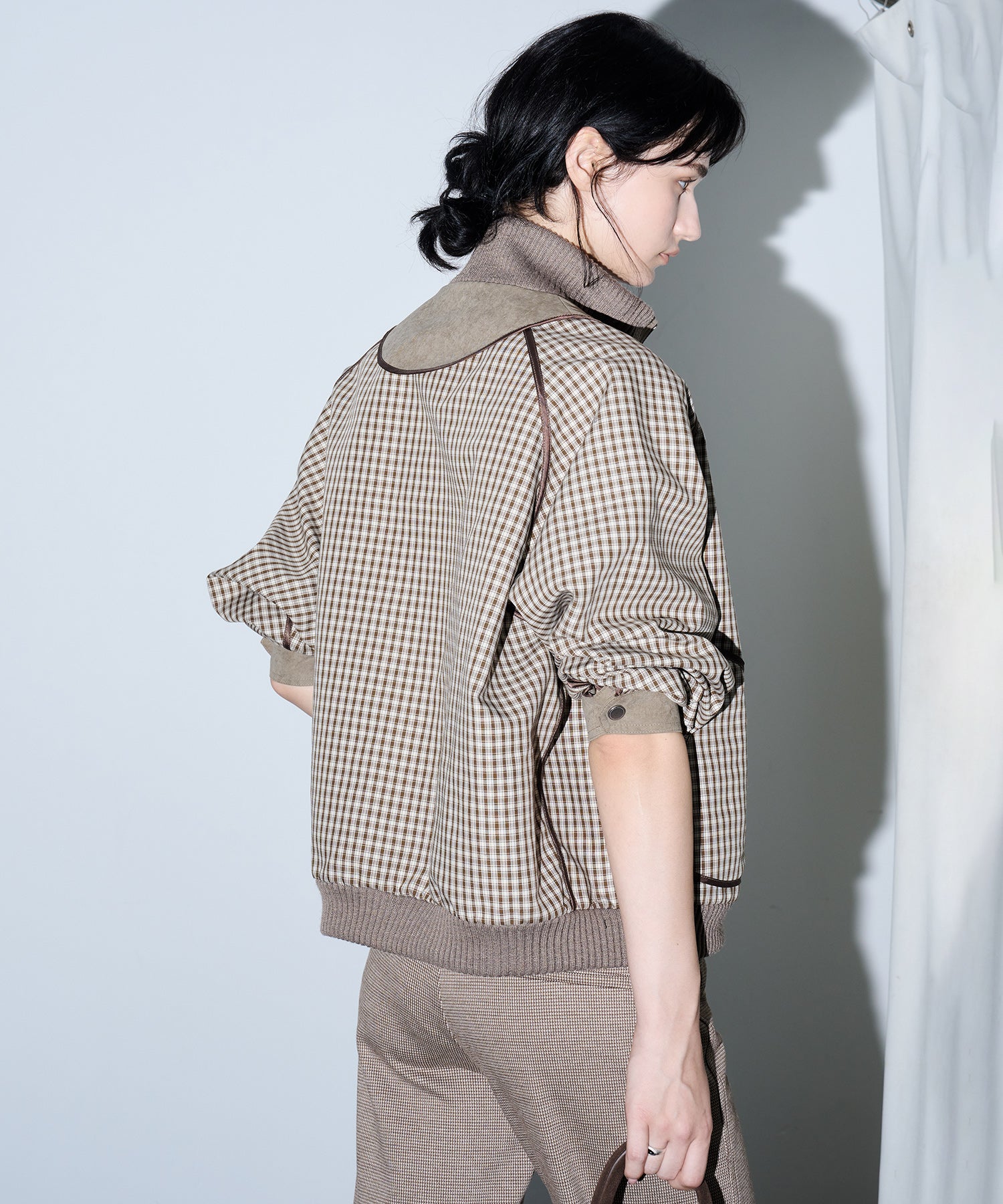Reverse-Look Oversized Cropped Check Short Jacket