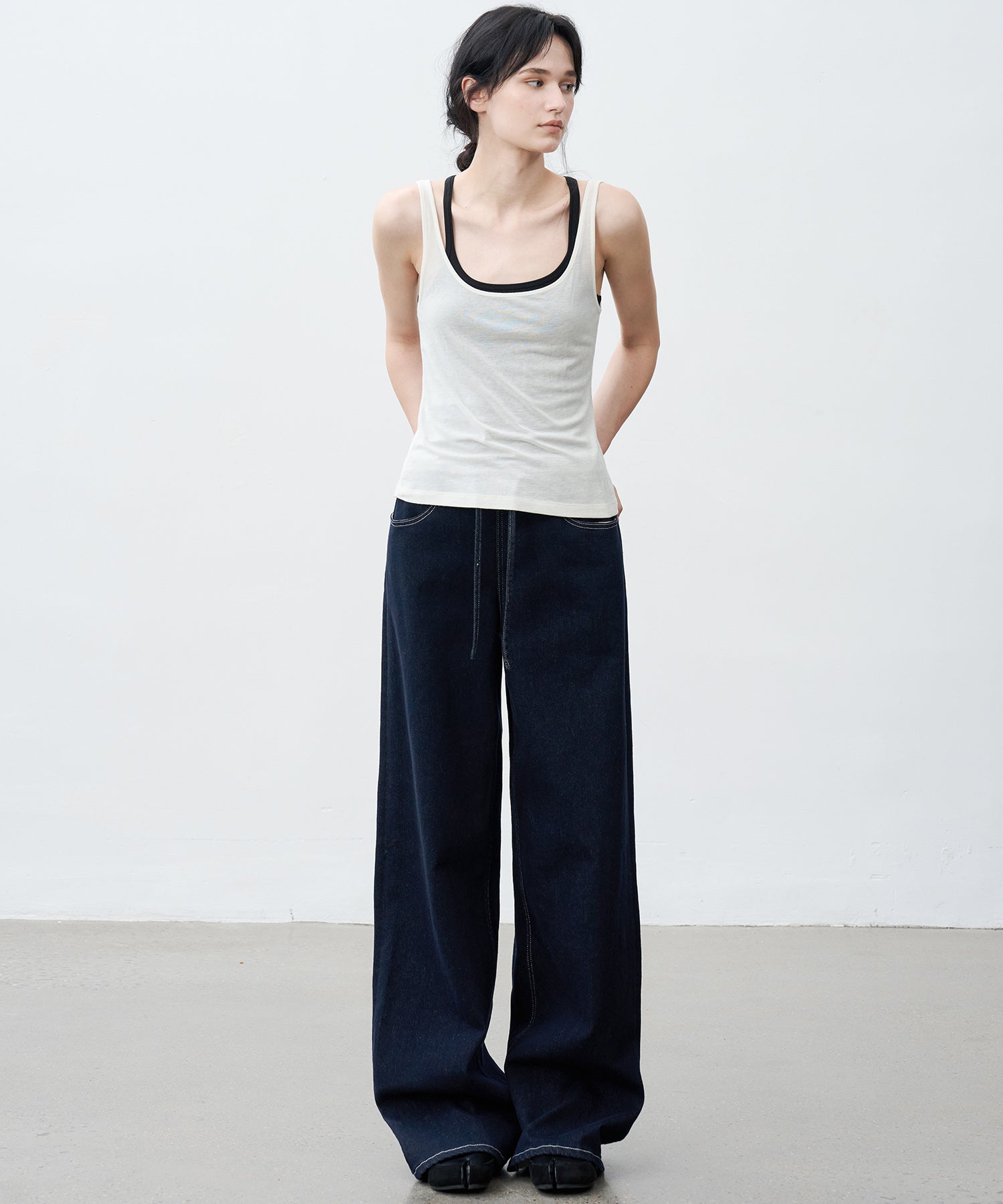 Drawstring Straight Washed Denim Pants
