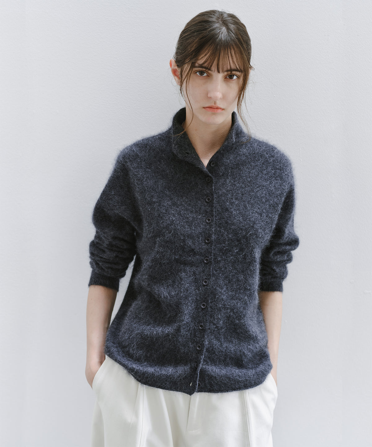 Brushed Cashmere-Blend High Neck Knit Cardigan