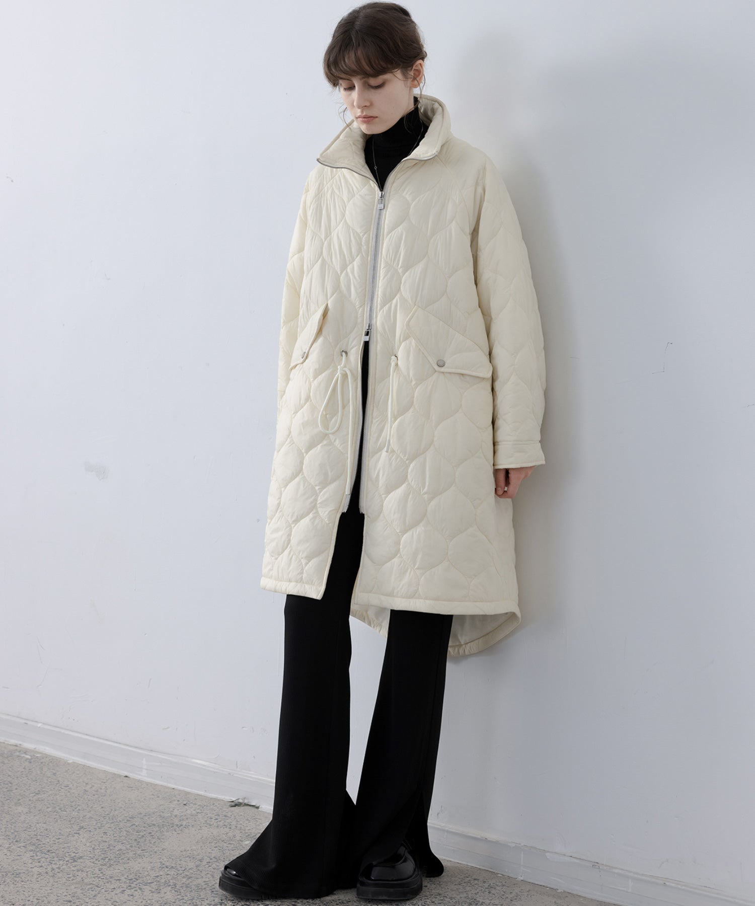 Irregular hem oversized volume quilted long coat 