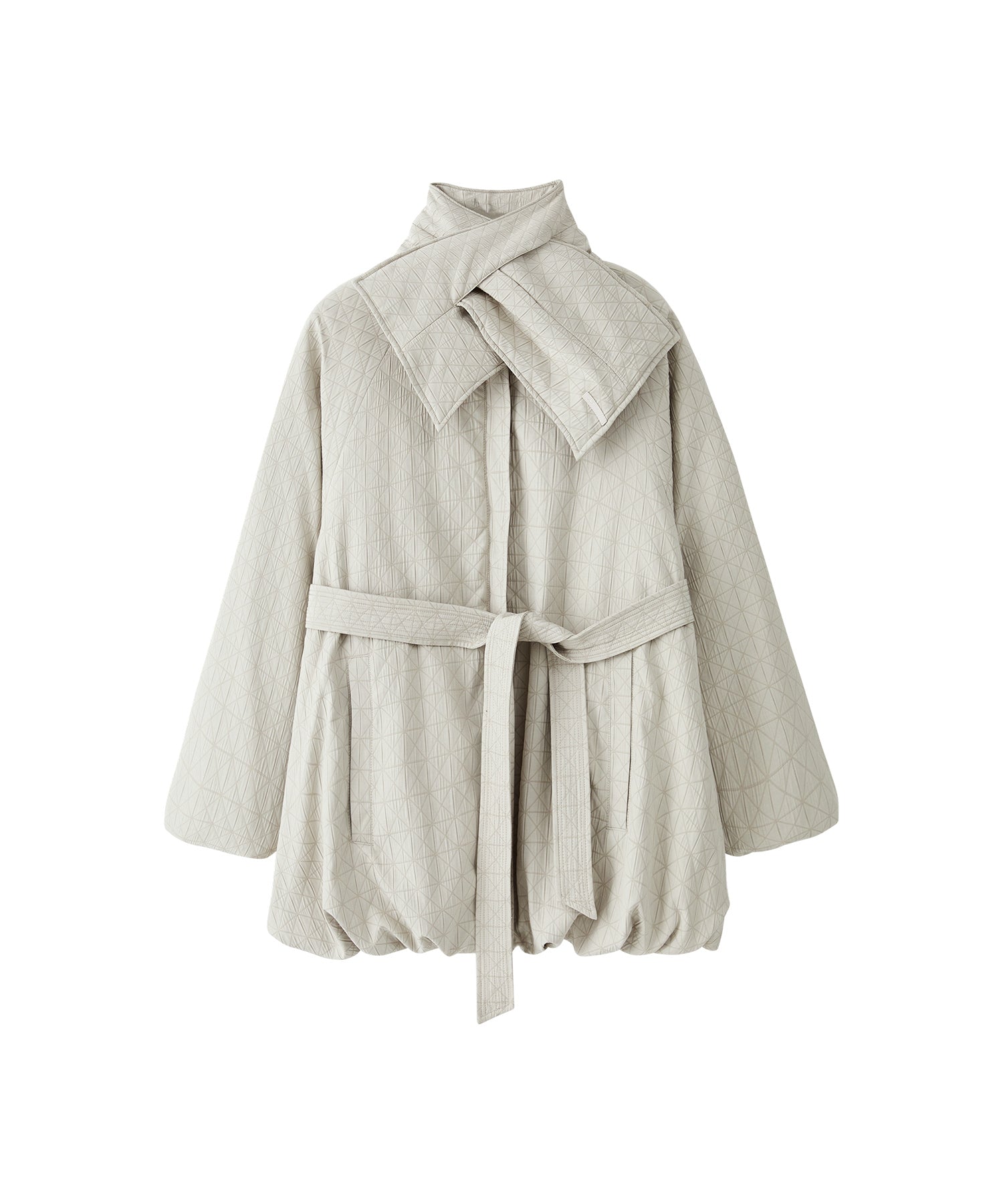 Diamond Jacquard Quilted Down Coat – Belt &amp; Scarf Set