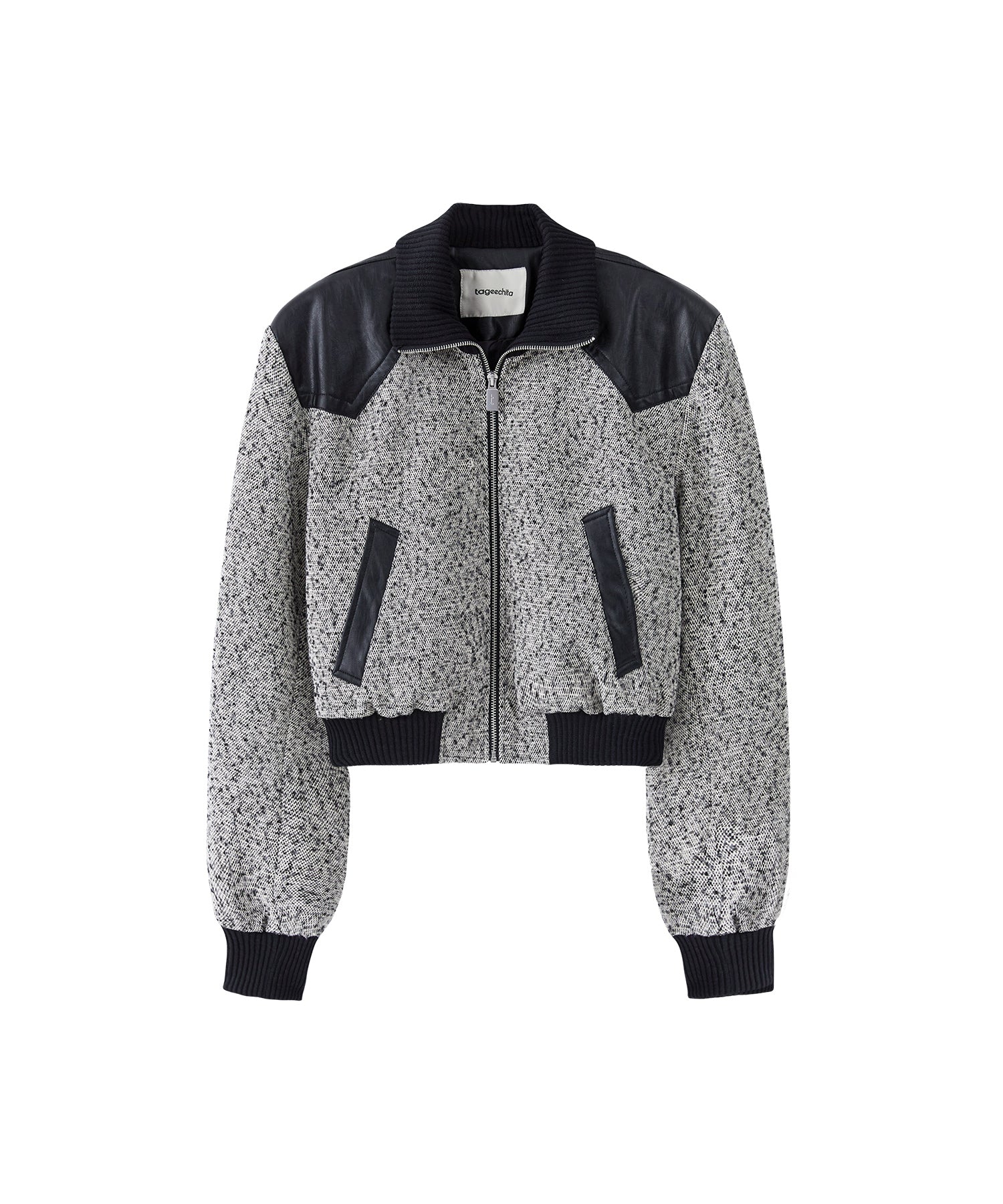 Textured Panel Short Puffer Jacket with Ribbed Stand Collar