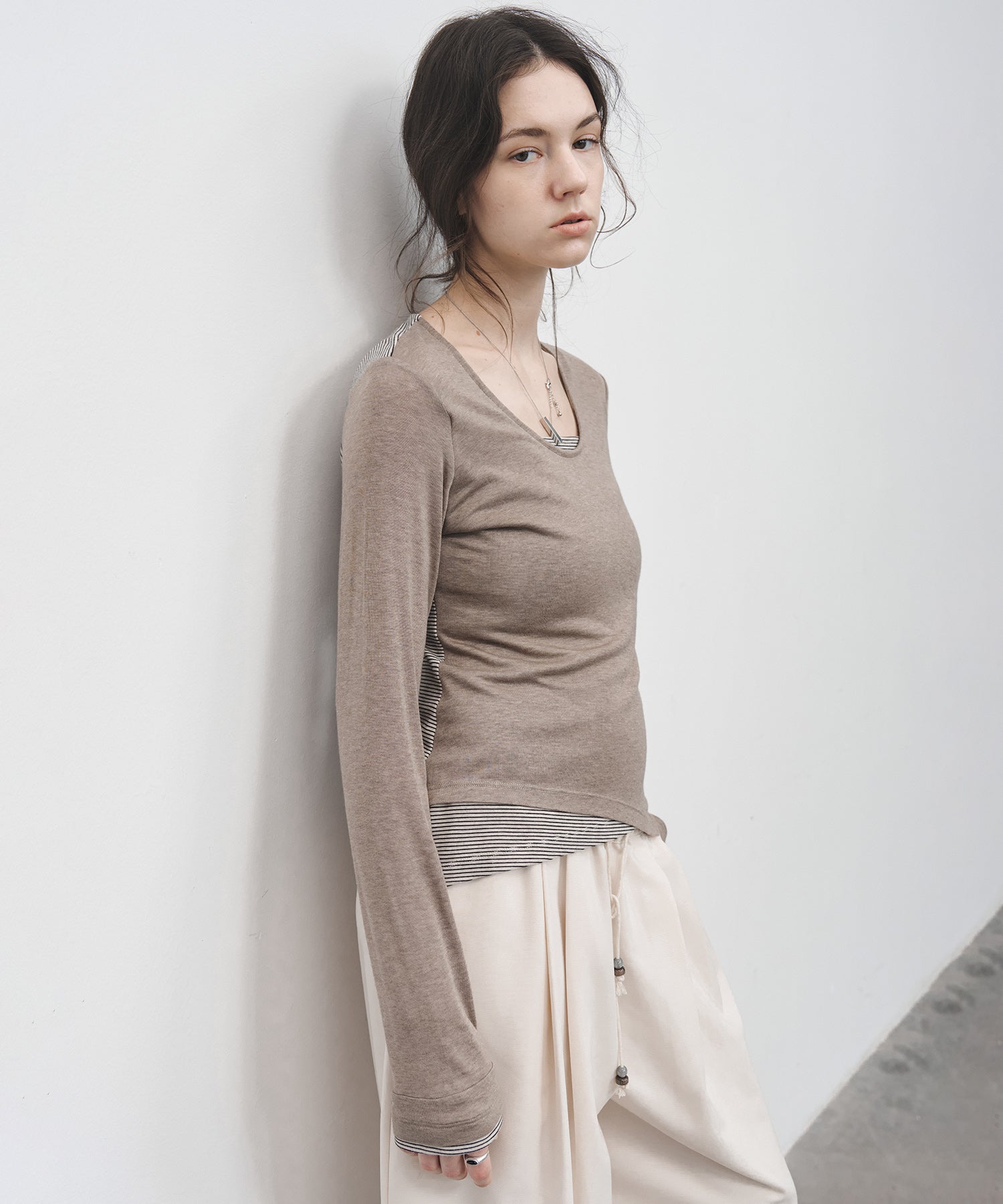 Layered Style U-Neck Stripe Top – Wool Blend