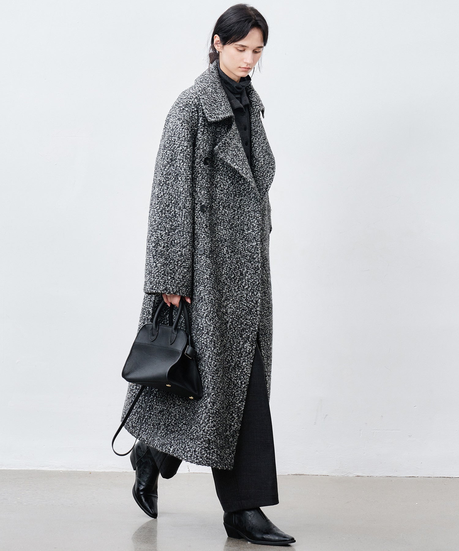 Mixed-Color Bouclé Wool Lapel Long Coat