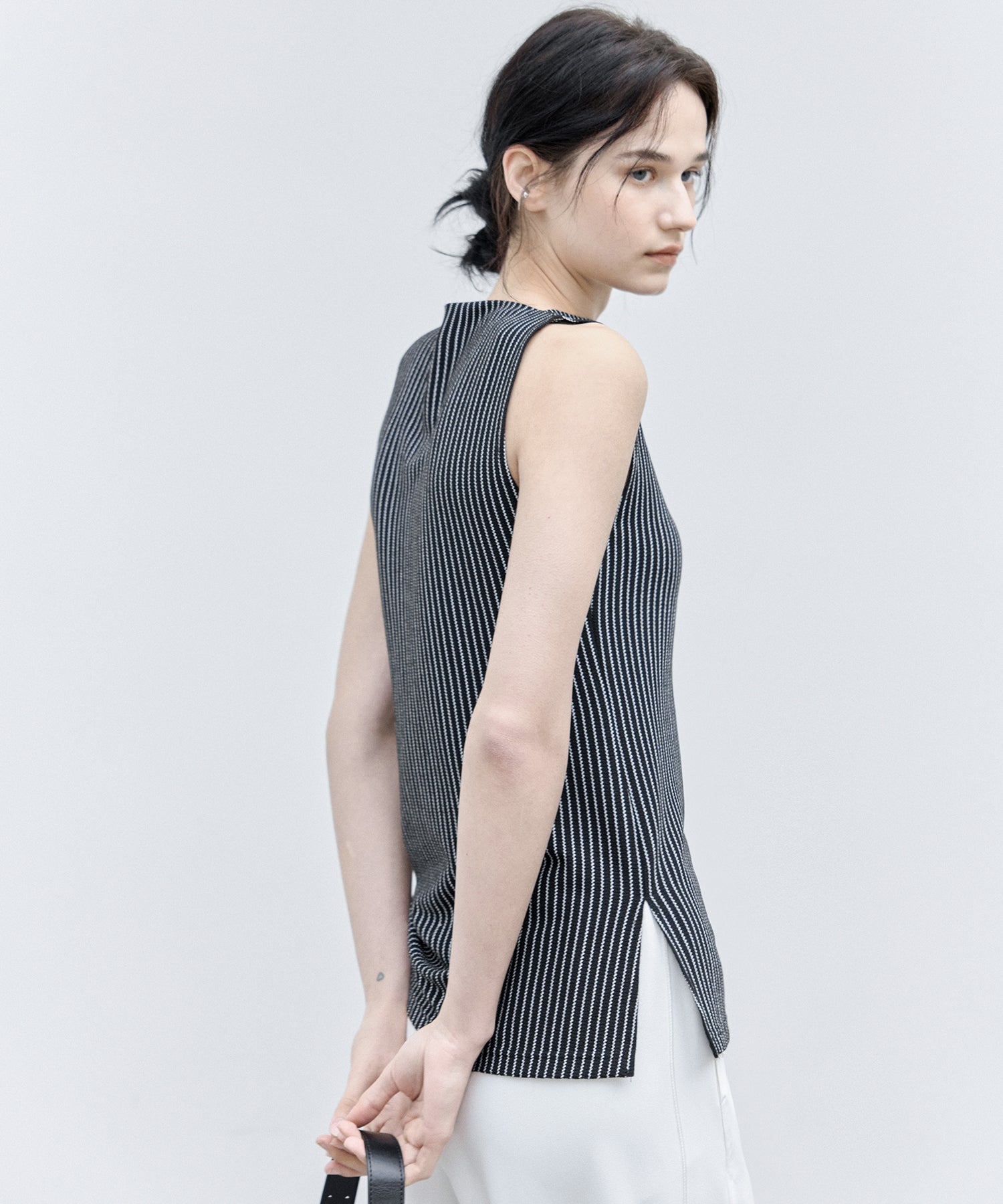 Striped Sleeveless Top with Adjustable Hem &amp; Boat Neck