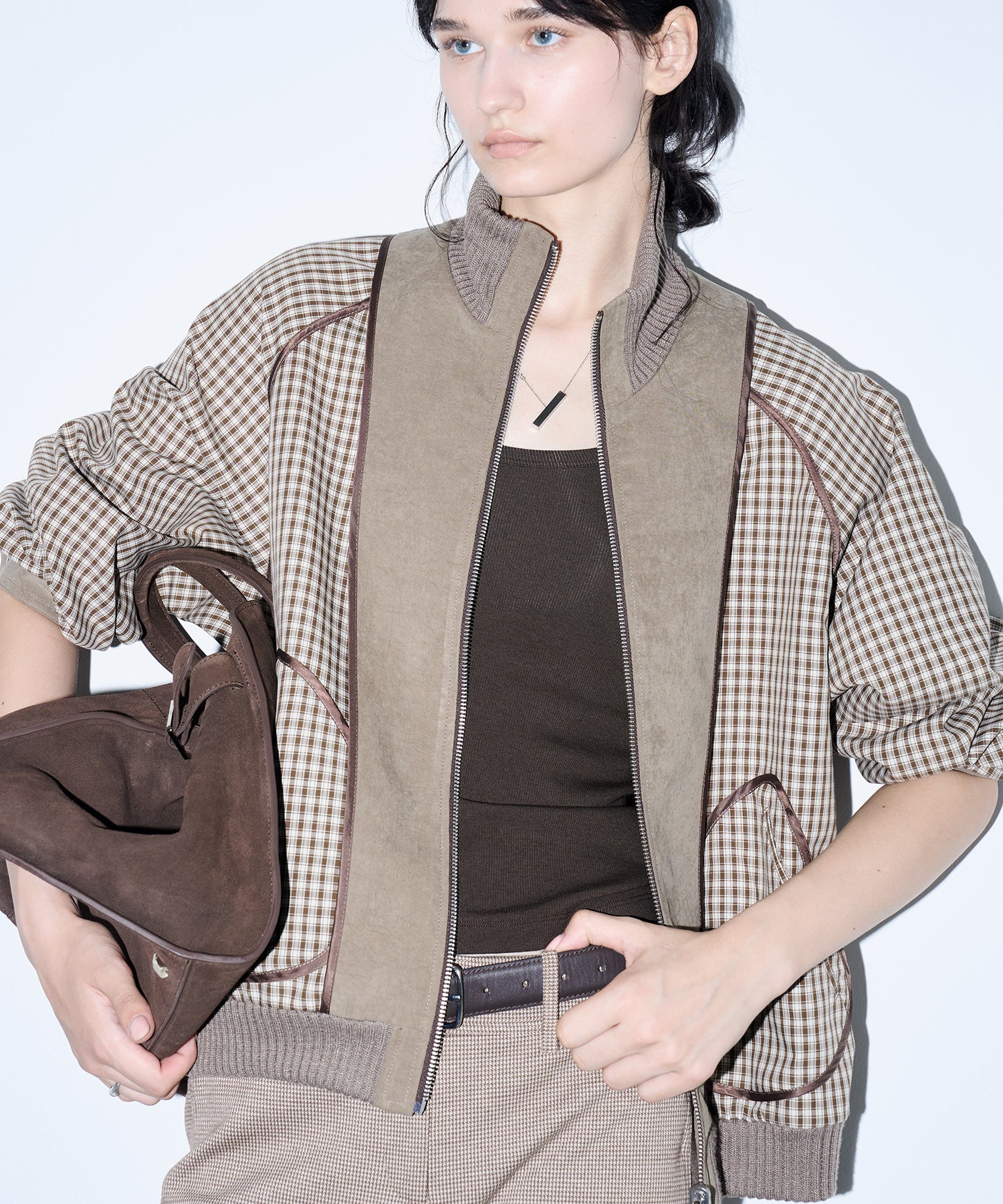 Reverse-Look Oversized Cropped Check Short Jacket
