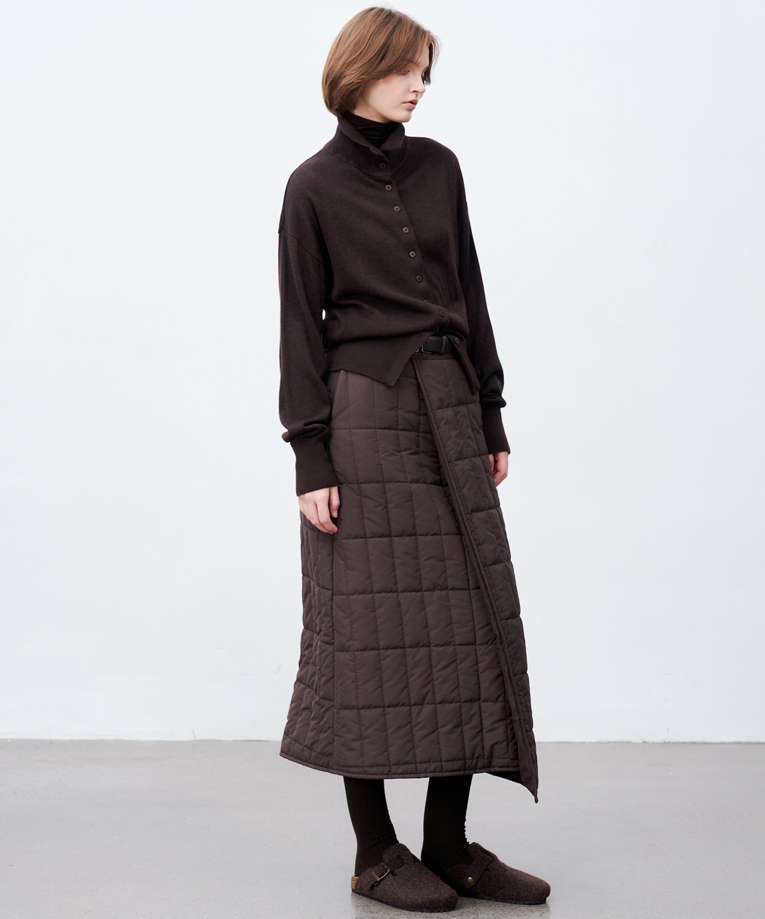 Quilted Overlap Long Skirt Straight Silhouette Padded Warm Winter Skirt