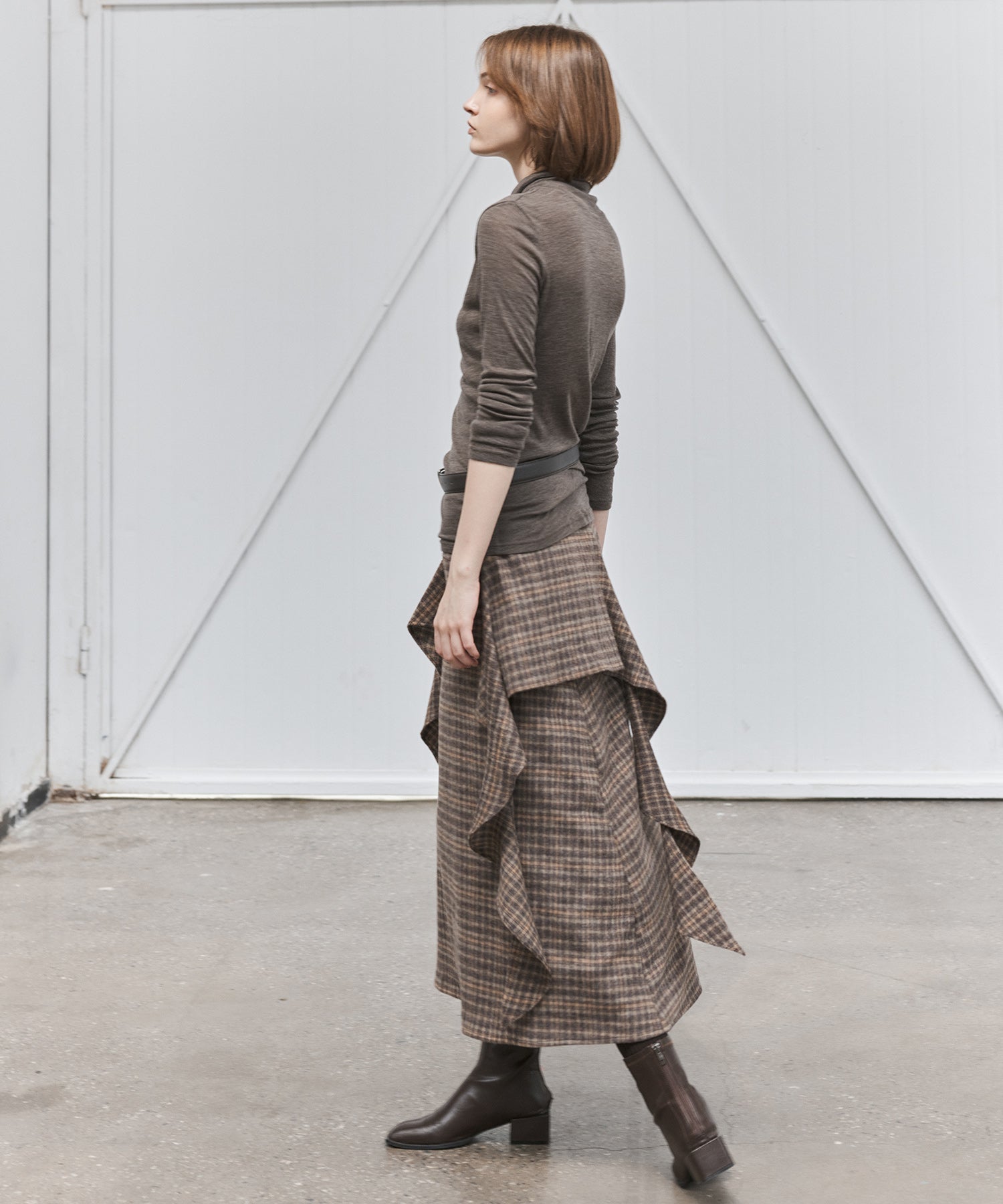 Wool Blend Irregular Flake Detail Yarn-Dyed Vintage Check Brushed A-Line Midi Skirt