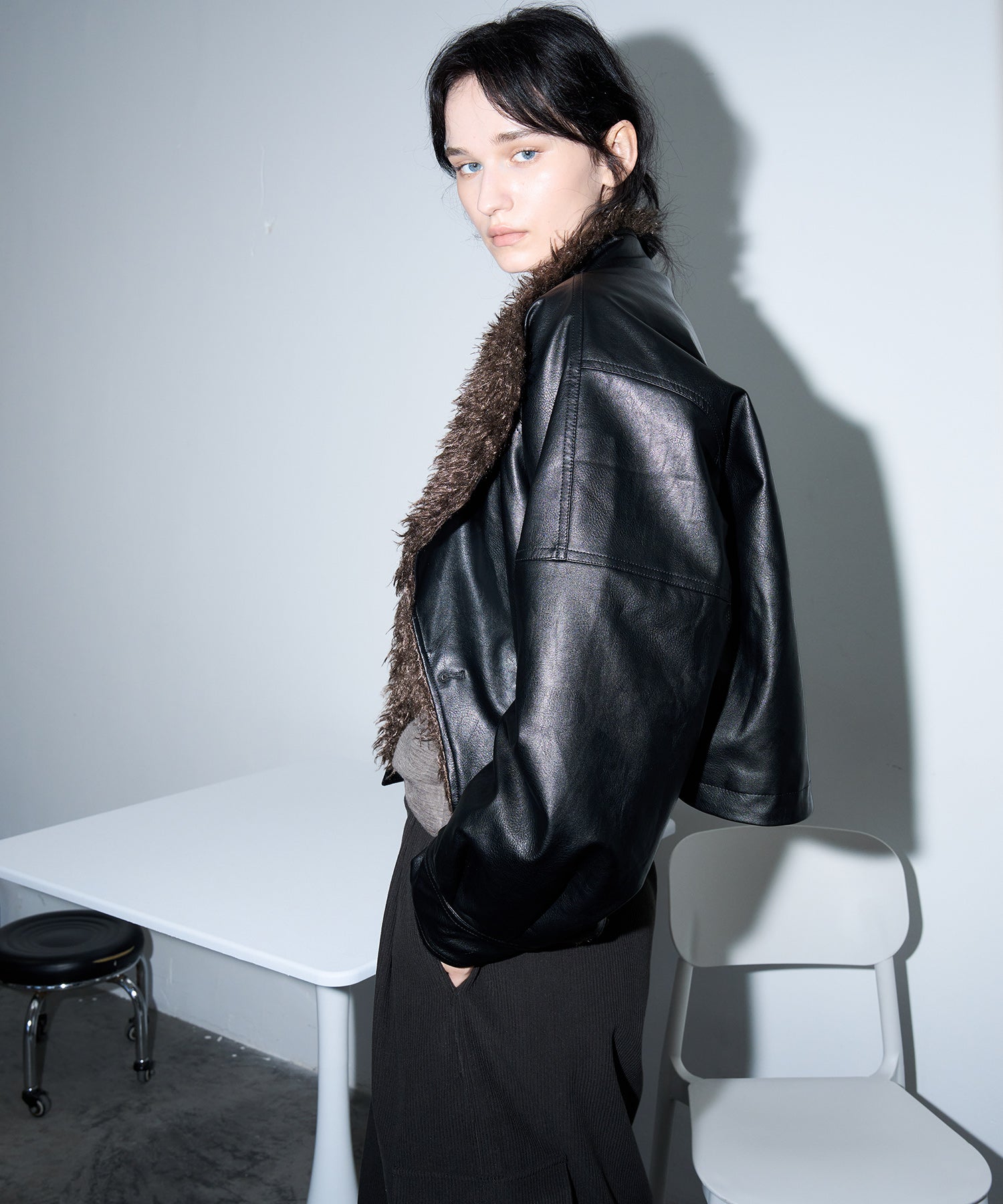 Faux Leather & Fleece Panel Short Jacket