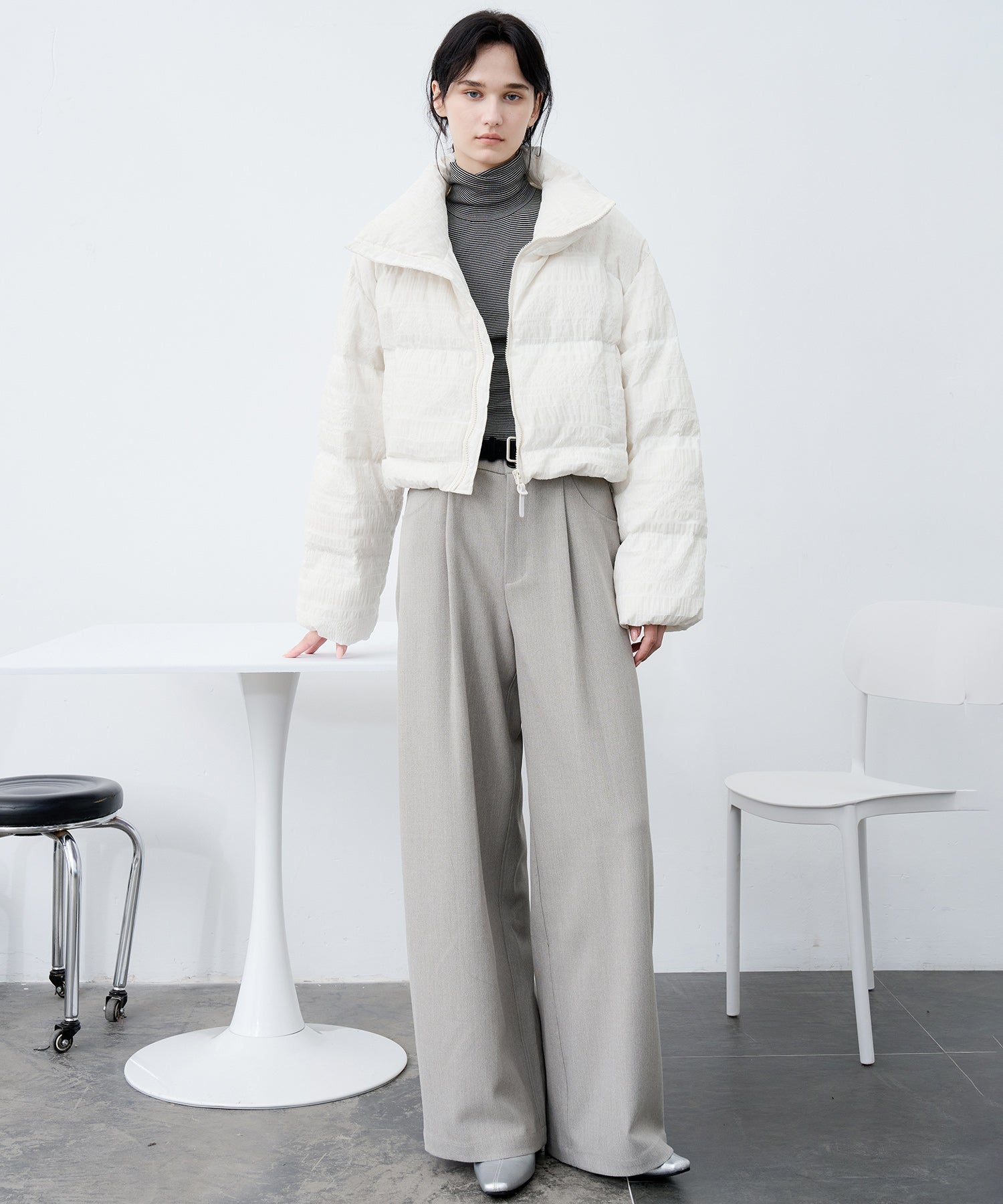 Textured Low-Rise Wide Straight Curved Pants