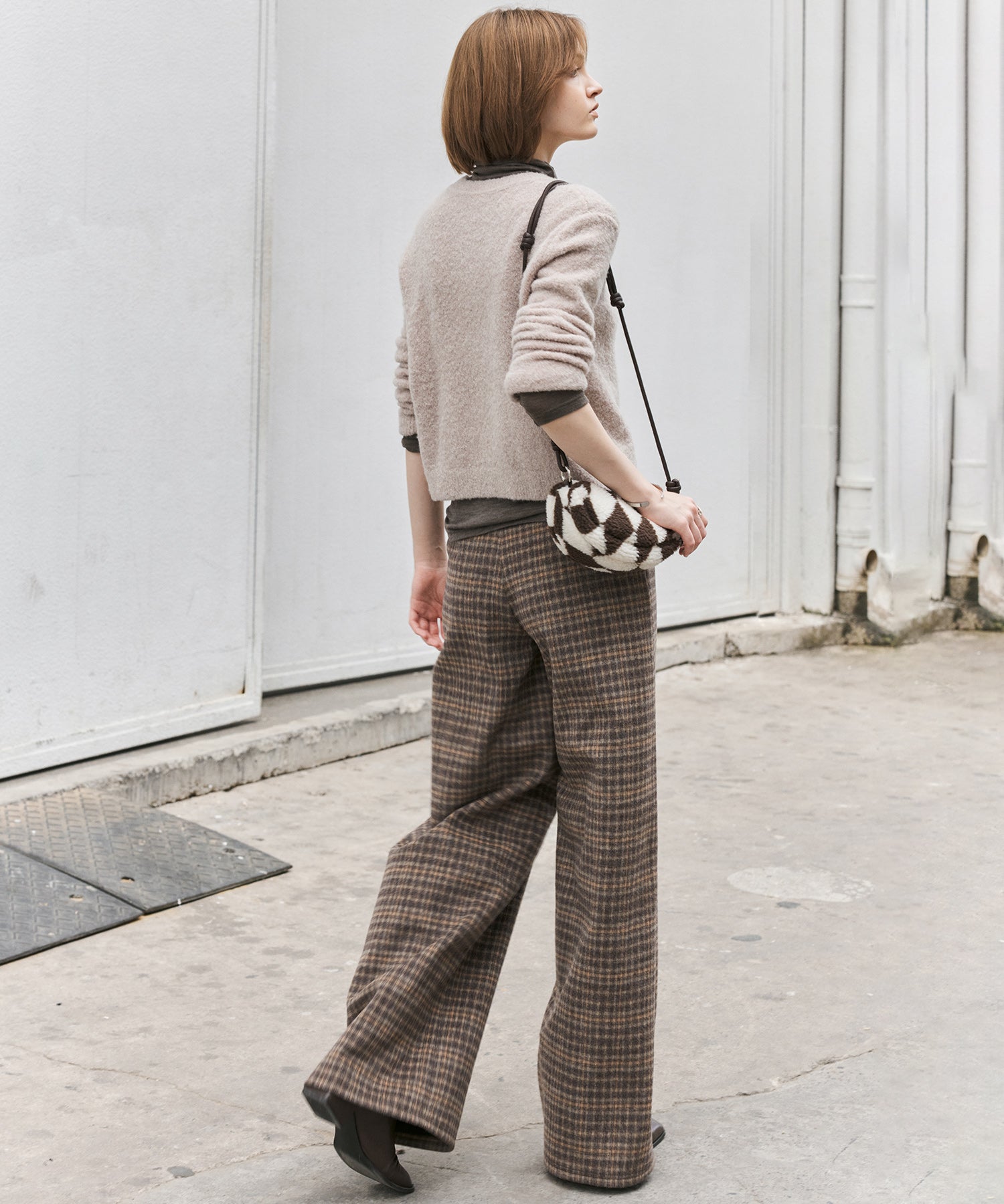 Wool Blend Yarn-Dyed Vintage Check Brushed Wide-Leg Pants