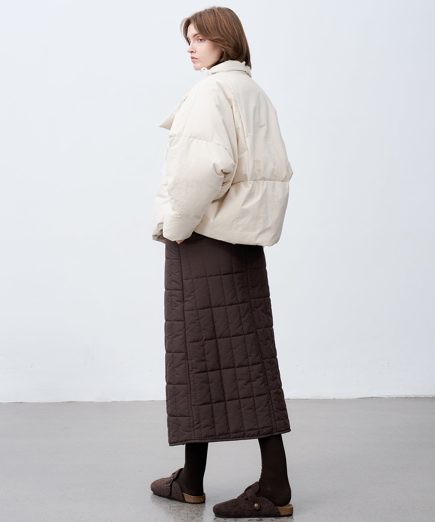 Quilted Overlap Long Skirt Straight Silhouette Padded Warm Winter Skirt