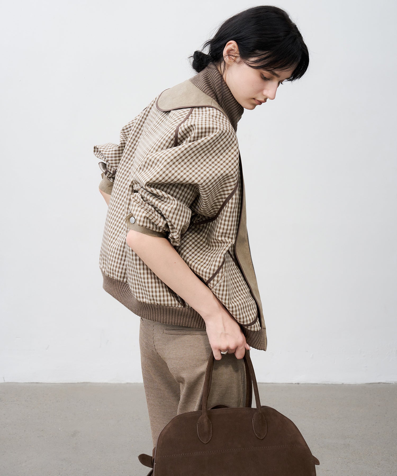 Reverse-Look Oversized Cropped Check Short Jacket