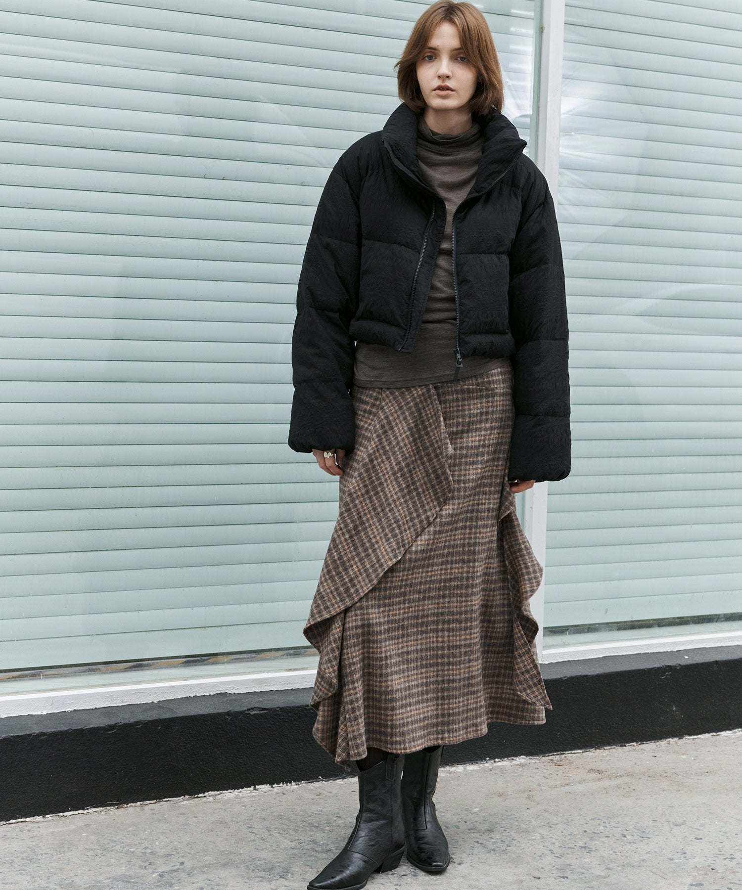 Wool Blend Irregular Flake Detail Yarn-Dyed Vintage Check Brushed A-Line Midi Skirt