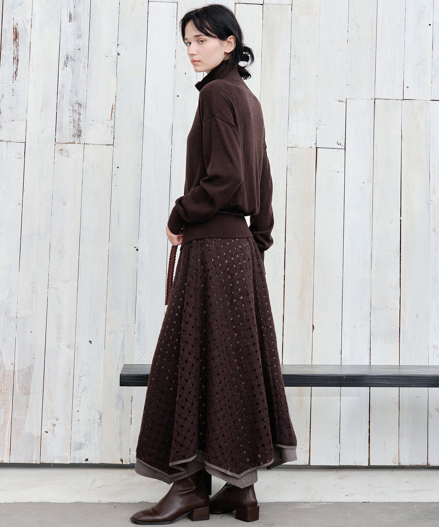 Cut-Out Layered High-Waist A-Line Midi Flare Skirt
