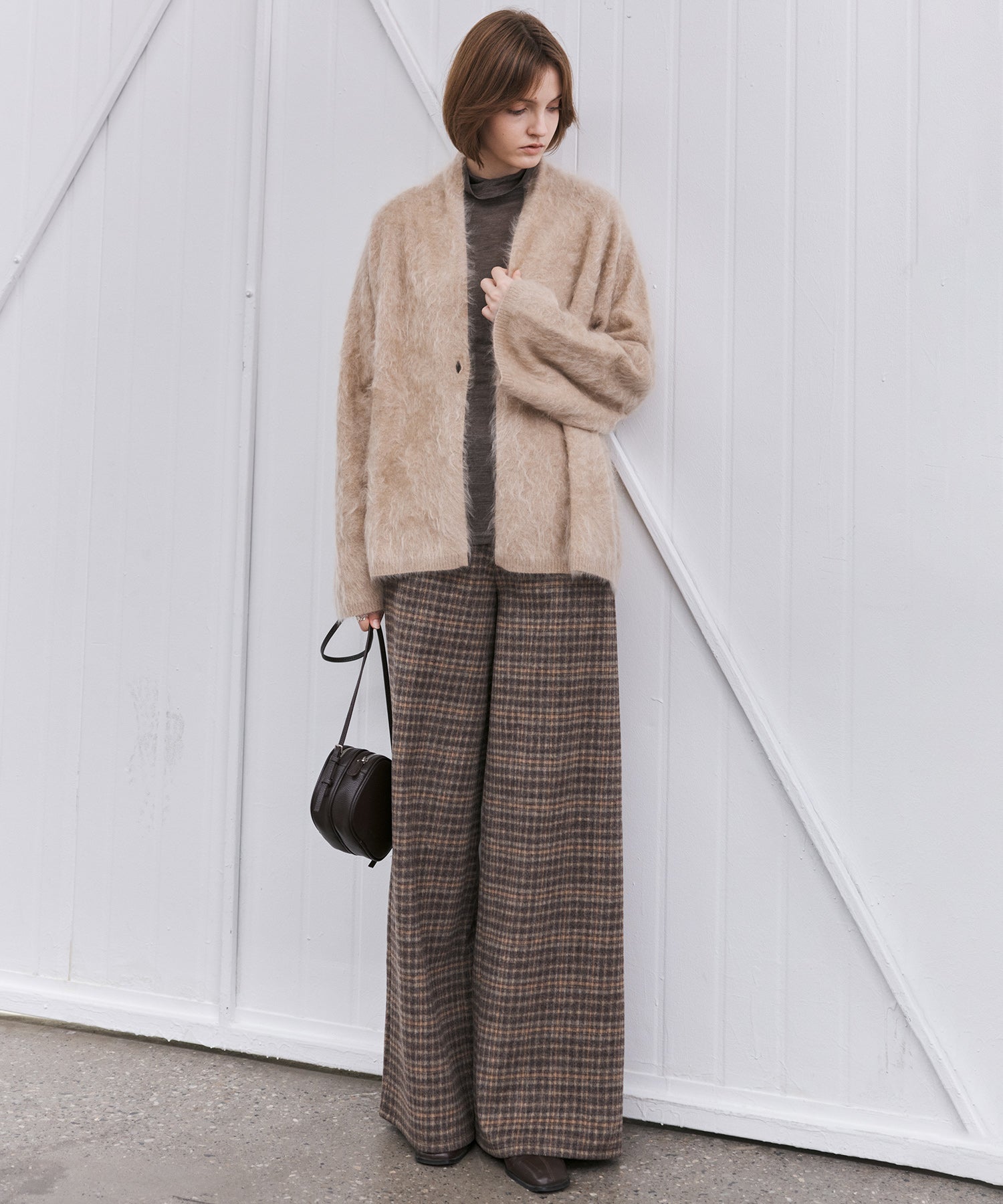 Wool Blend Yarn-Dyed Vintage Check Brushed Wide-Leg Pants