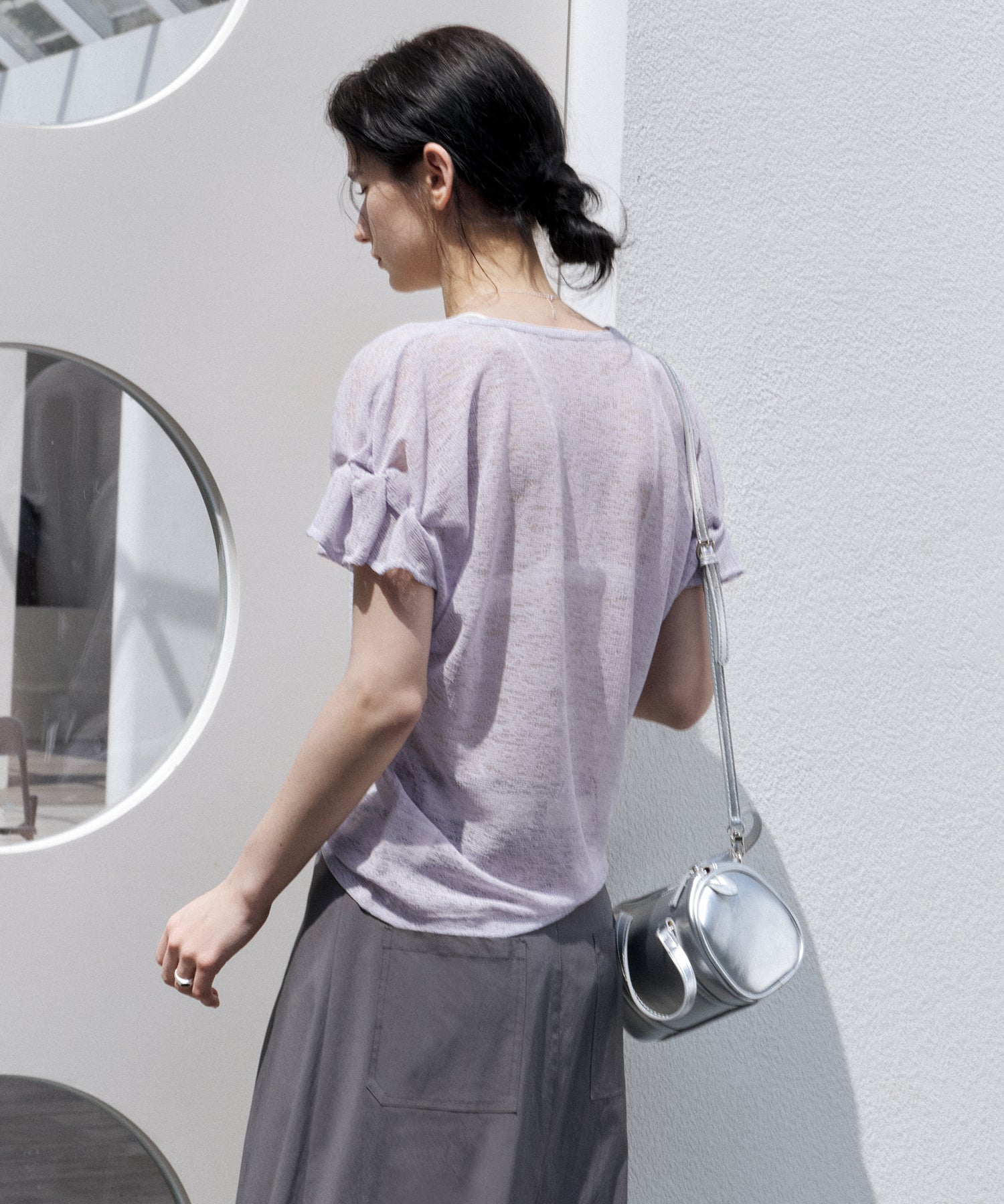 U-Neck Sheer T-Shirt with Design Cuff Detail