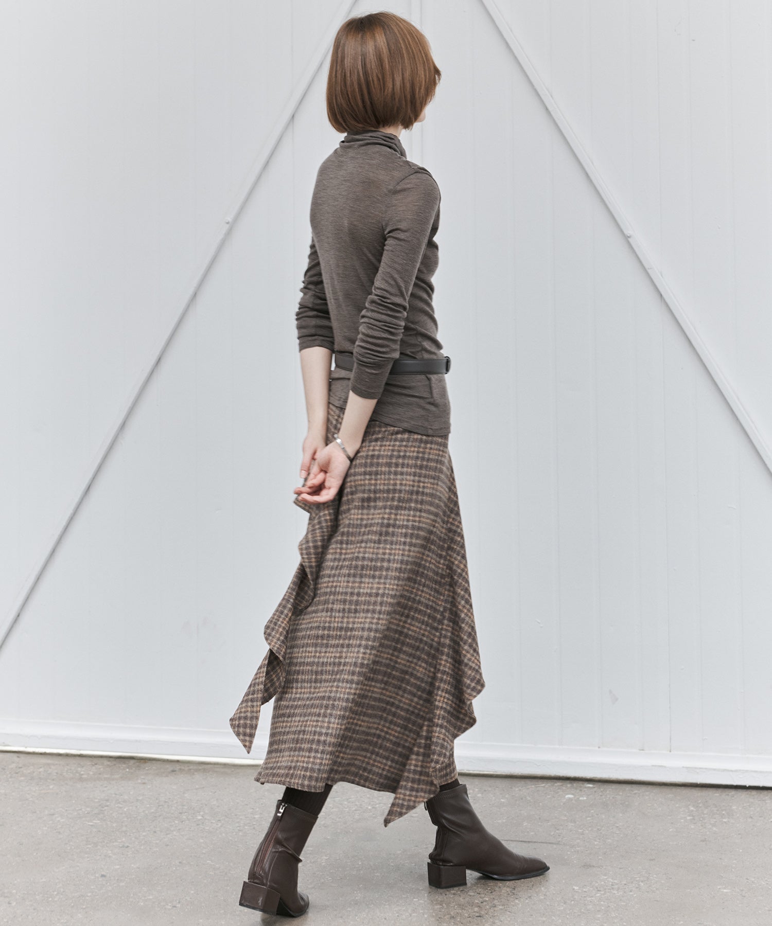 Wool Blend Irregular Flake Detail Yarn-Dyed Vintage Check Brushed A-Line Midi Skirt