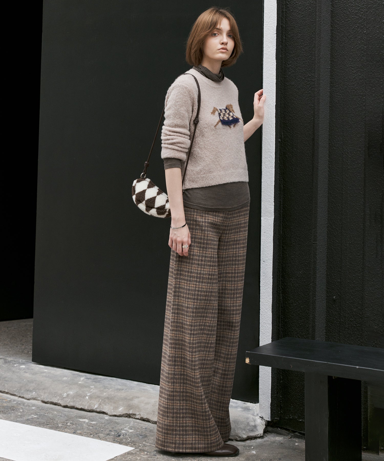 Wool Blend Yarn-Dyed Vintage Check Brushed Wide-Leg Pants