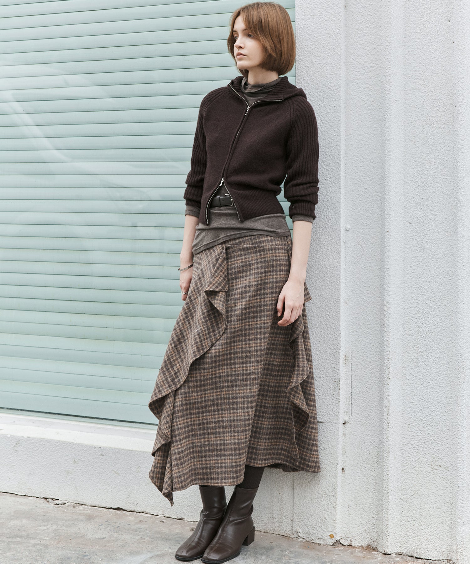 Wool Blend Irregular Flake Detail Yarn-Dyed Vintage Check Brushed A-Line Midi Skirt